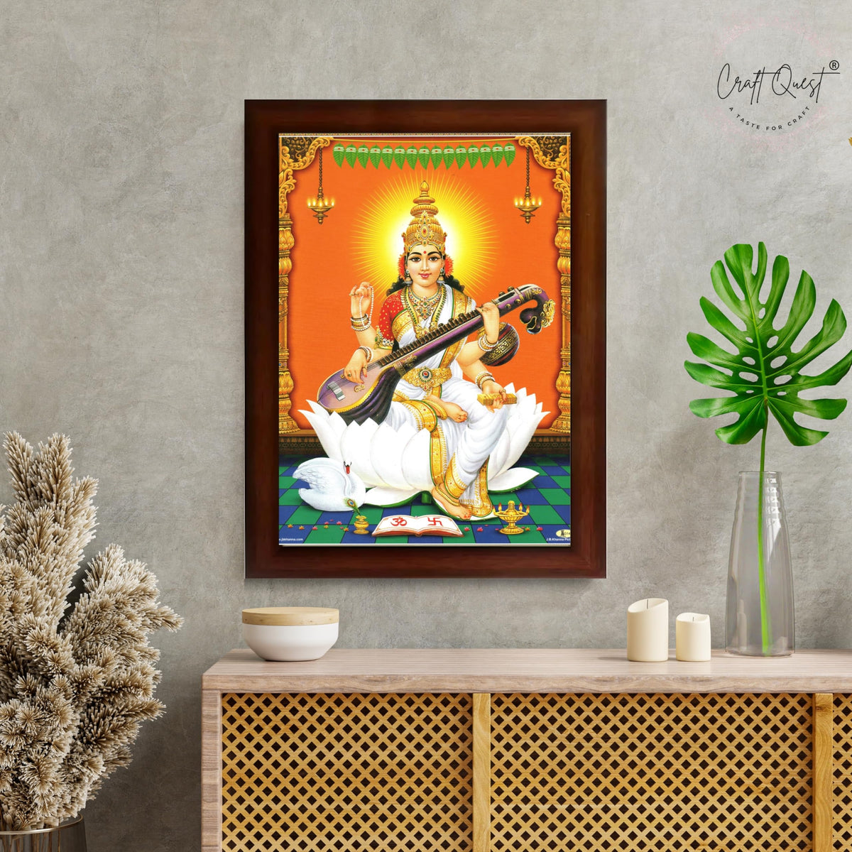 CRAFT QUEST Saraswati Devi Goddess Saraswathi Maa Wall Painting For Home Décor Synthetic wood Framed
