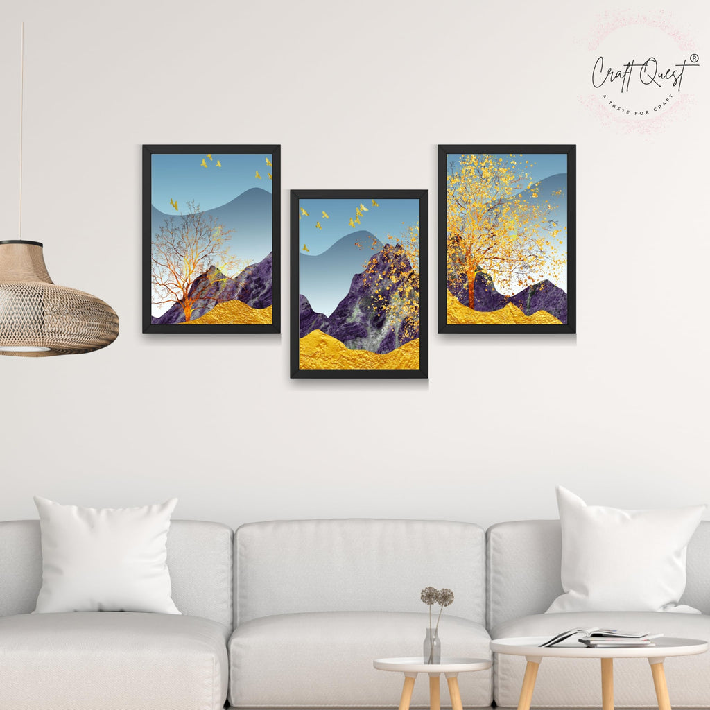 CRAFT QUEST Modern Art Abstract Porch Golden Trees Wall Art | Set of 3 Frames for Home Decoration | Ideal for Living Room, Bedroom & Offices