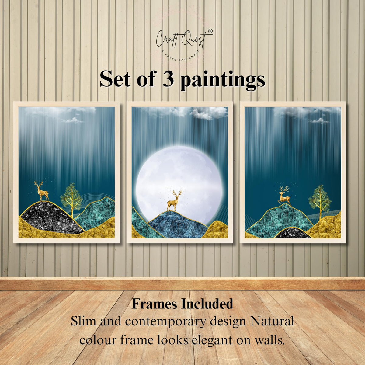 CRAFT QUEST Modern Art Landscape Of Moon & Golden Christmas Trees Wall Art | Set of 3 Frames for Home Decoration | Ideal for Living Room, Bedroom & Offices