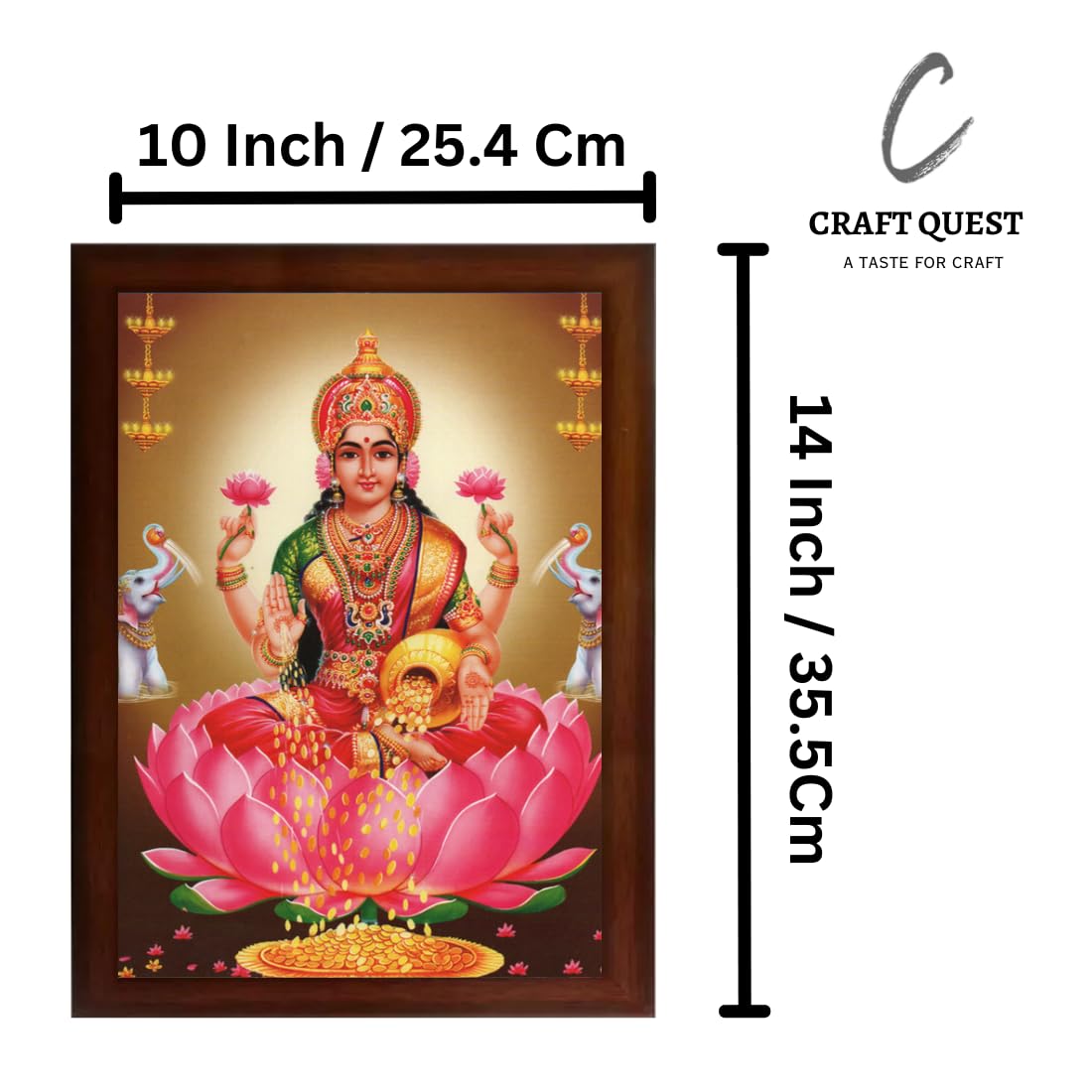 CRAFT QUEST Goddess Lakshmi Devi Dhana Vaibhav Laxmi Maa Wall Painting Framed Home Decor (Wood, Matte, Brown, Small Size, 14 X 10 Inch)