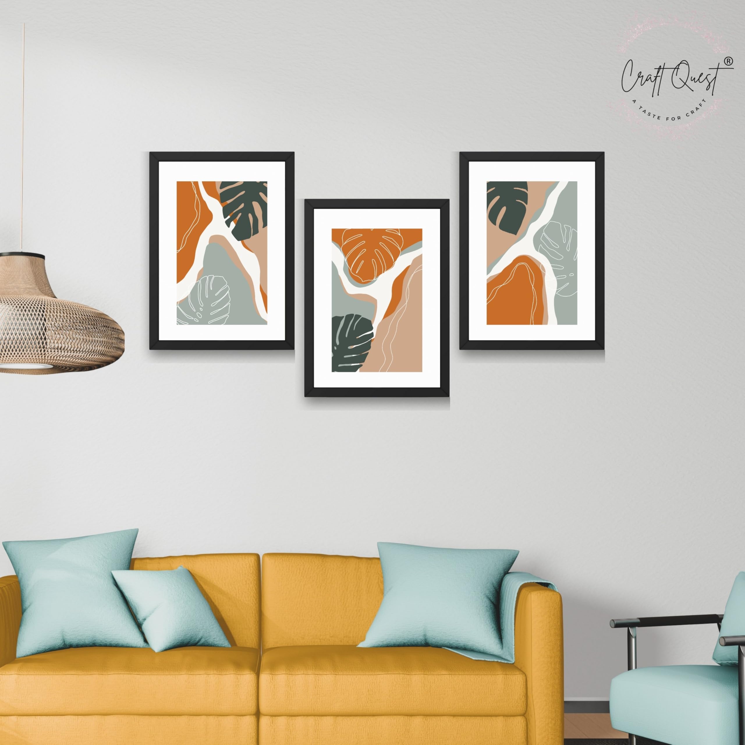 CRAFT QUEST SET OF 3 Organic Modern Leaf Wall Art | Set of 3 Frames for Home Decoration | Ideal for Living Room, Bedroom & Offices