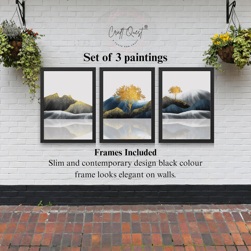 CRAFT QUEST Modern Abstract Golden Trees & Mountains | Set of 3 Frames for Home Decoration | Ideal for Living Room, Bedroom & Offices