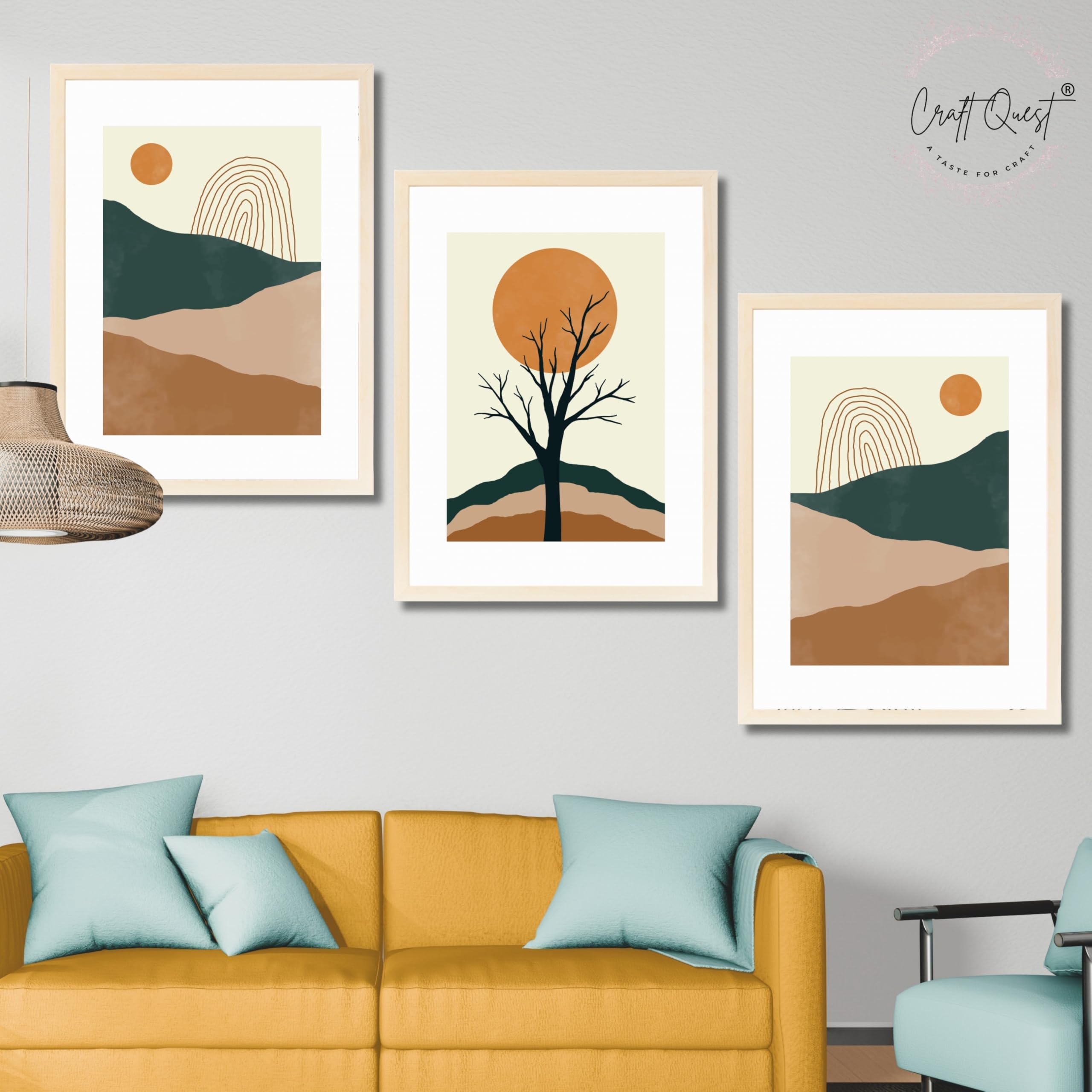 CRAFT QUEST SET OF 3 Modern Abstract Landscape Art | Set of 3 Frames for Home Decoration | Ideal for Living Room, Bedroom & Offices