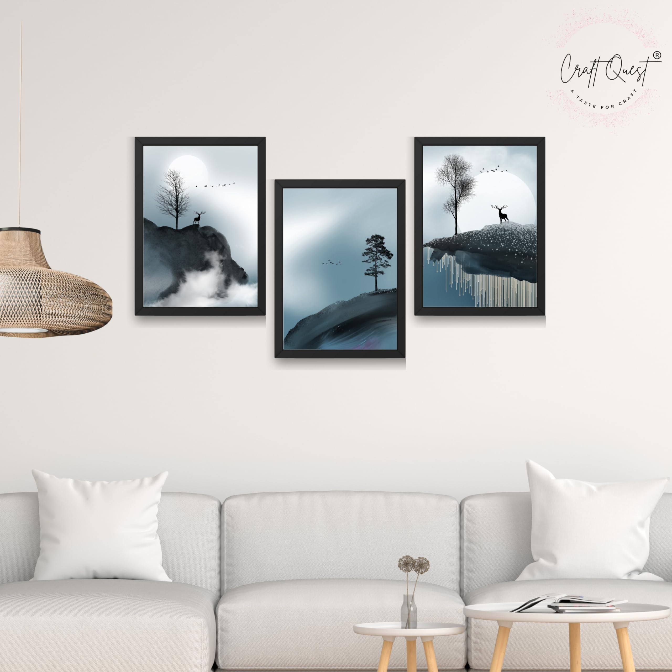 CRAFT QUEST Modern Art Geometric Ink Abstract Wall Art | Set of 3 Frames for Home Decoration | Ideal for Living Room, Bedroom & Offices