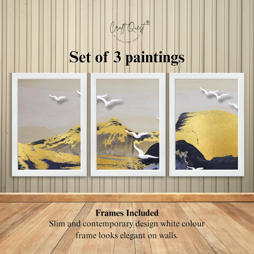CRAFT QUEST Modern Art Abstract Porch Golden Wall Art | Set of 3 Frames for Home Decoration | Ideal for Living Room, Bedroom & Offices