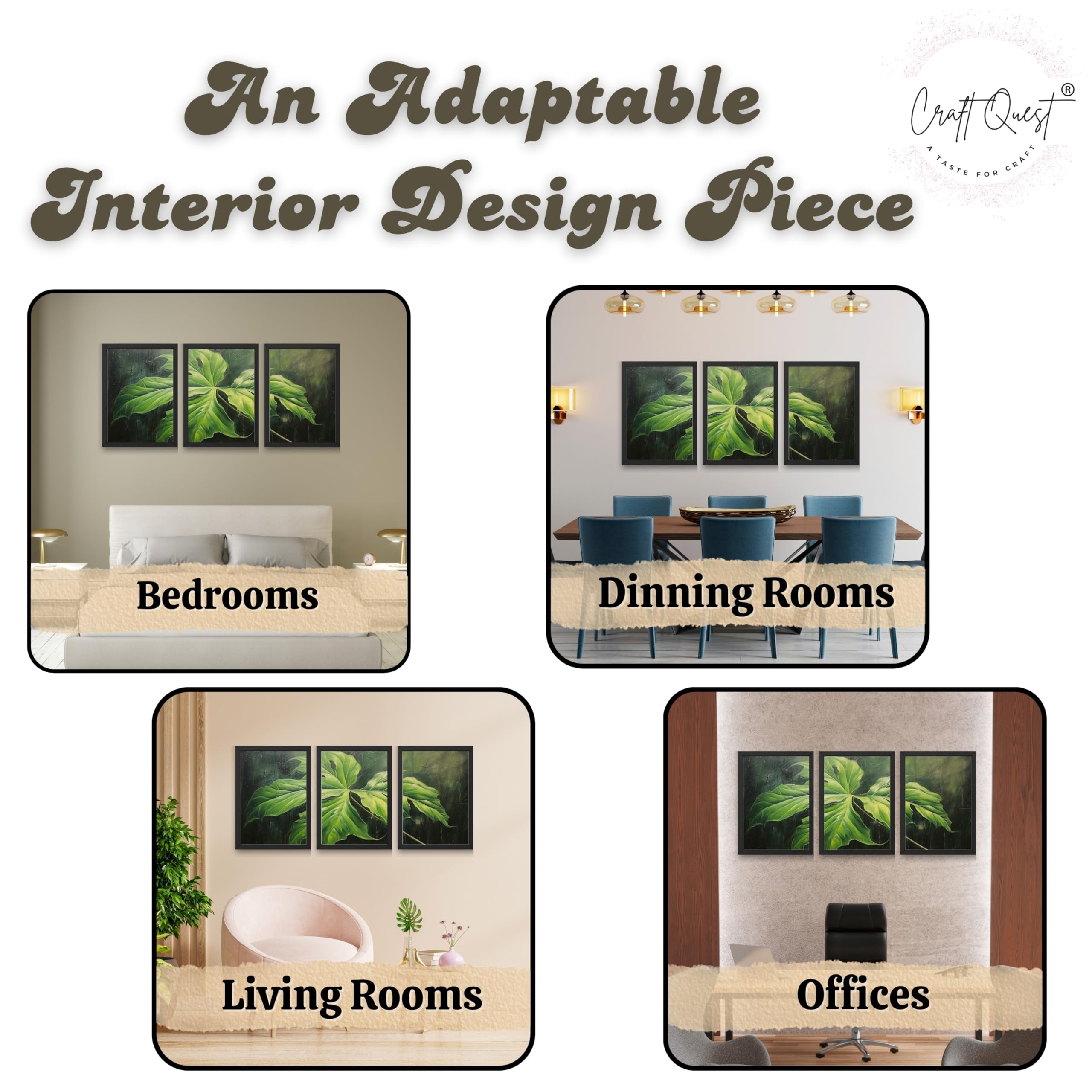 CRAFT QUEST Nature Inspired Painting Of Plant With Green Leaves Wall Art | Set of 3 Frames for Home Decoration | Ideal for Living Room, Bedroom & Offices