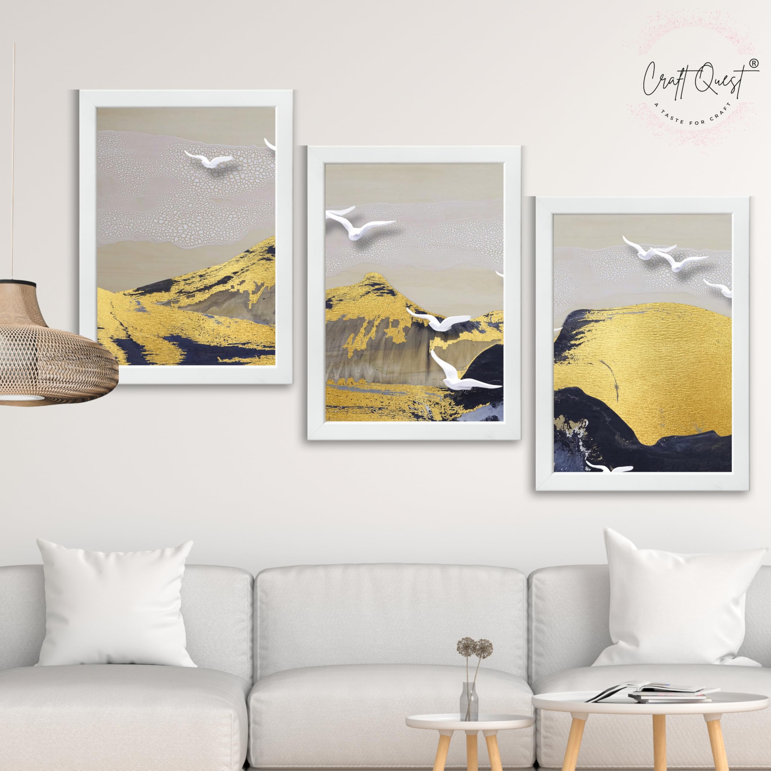 CRAFT QUEST Modern Art Abstract Porch Golden Wall Art | Set of 3 Frames for Home Decoration | Ideal for Living Room, Bedroom & Offices