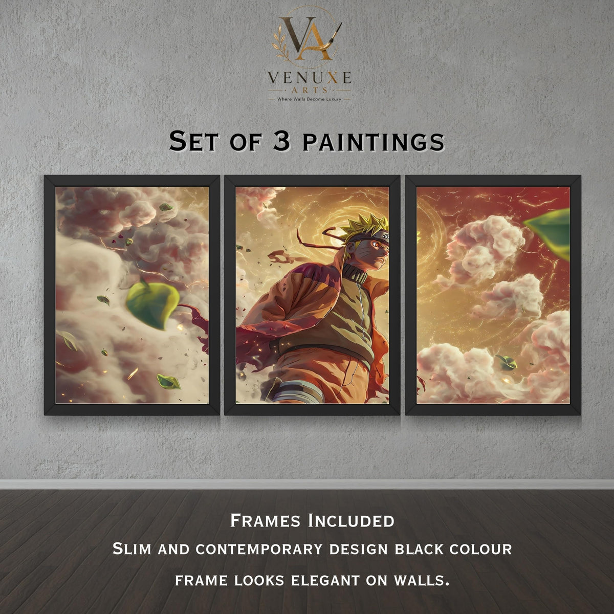 VENUXE ARTS Set Of 3 Anime Characters Wall Framed |Anime Characters Framed Poster for Living Room Bedroom Gaming Room Studio Wall Decor