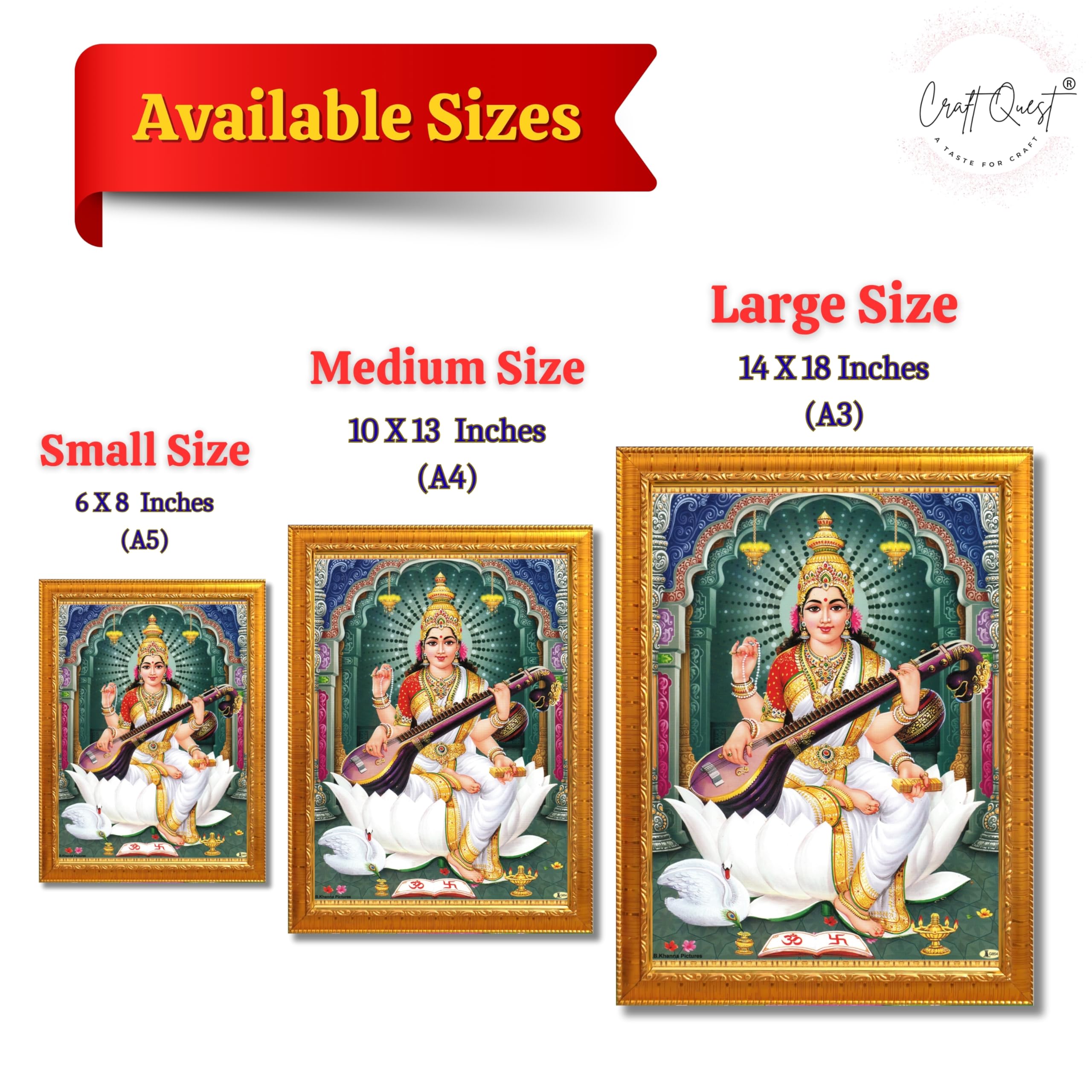 CRAFT QUEST Saraswati Devi Goddess Saraswathi Maa Wall Painting Sparkle Coated Framed Home Décor Synthetic wood