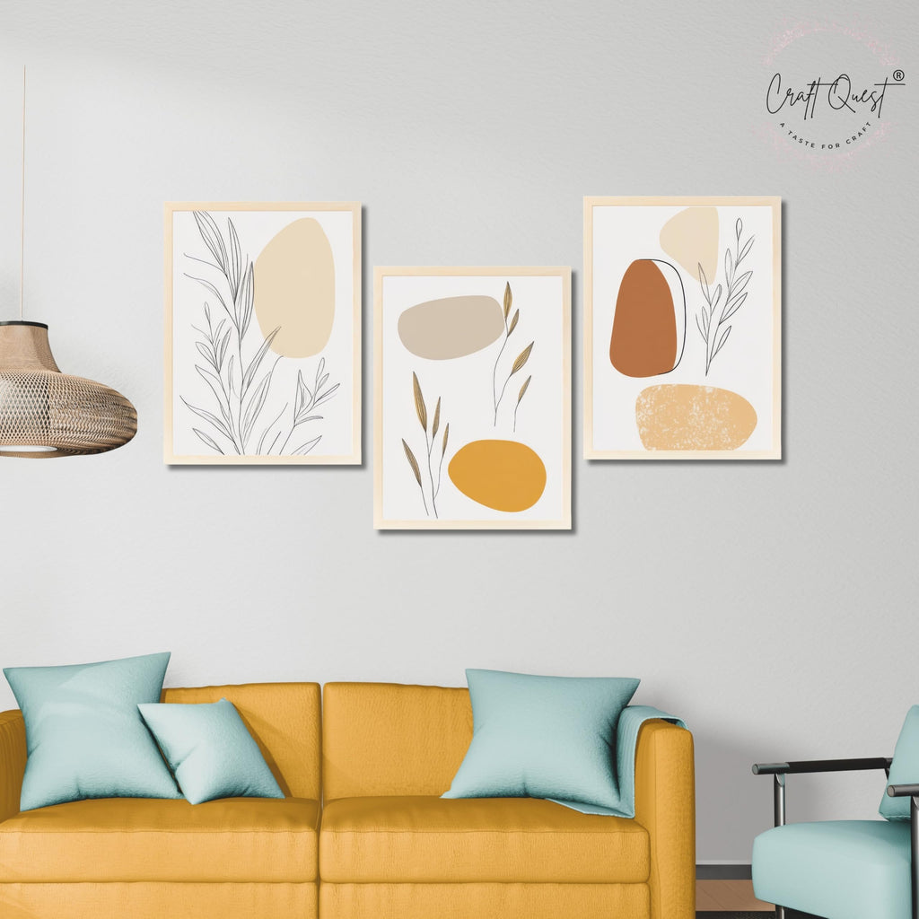 CRAFT QUEST Organic Abstract Wall Art Modern Art | Set of 3 Frames for Home Decoration | Ideal for Living Room, Bedroom & Offices
