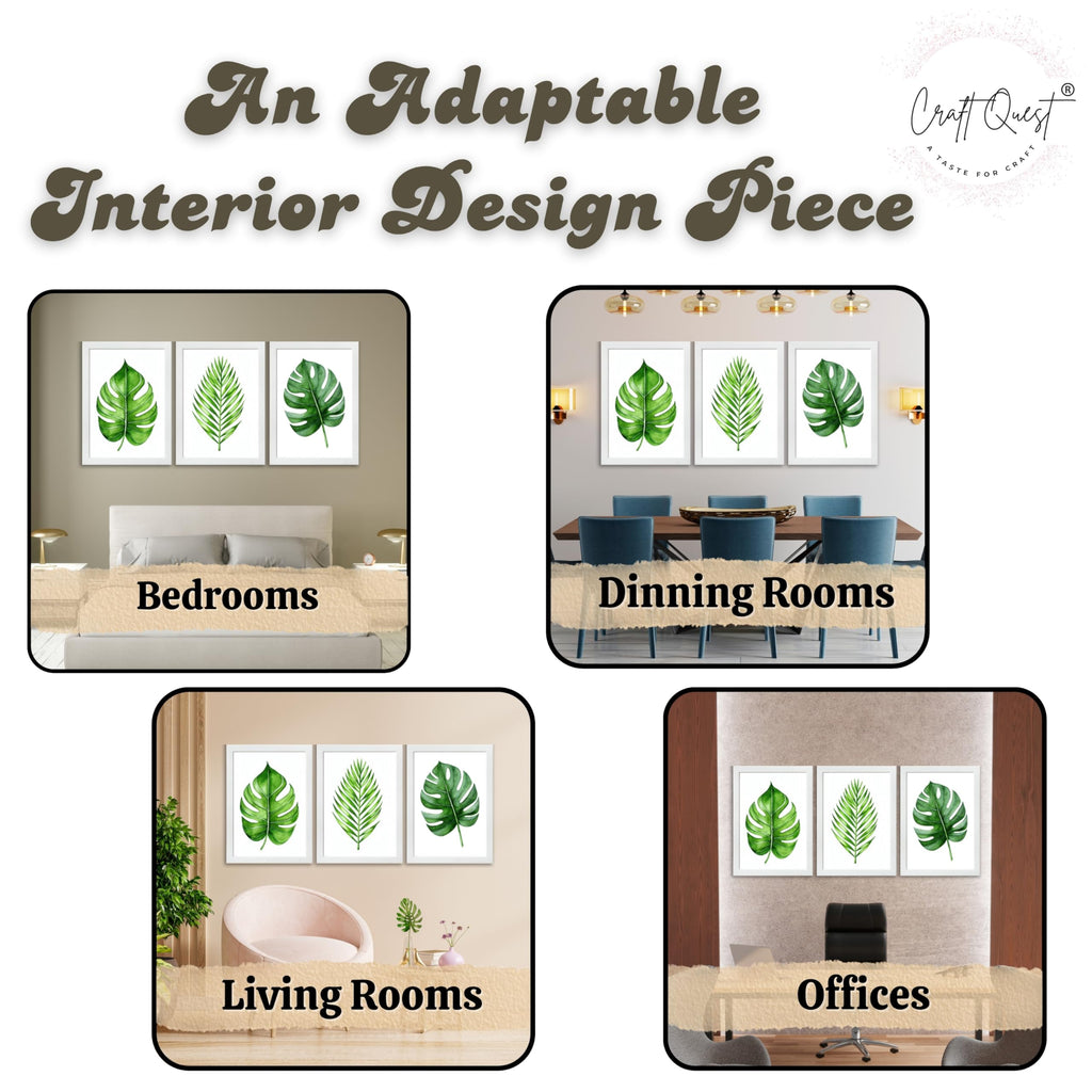 CRAFT QUEST Nature Inspired Exotic Leaves Modern Wall Art | Set of 3 Frames for Home Decoration | Ideal for Living Room, Bedroom & Offices