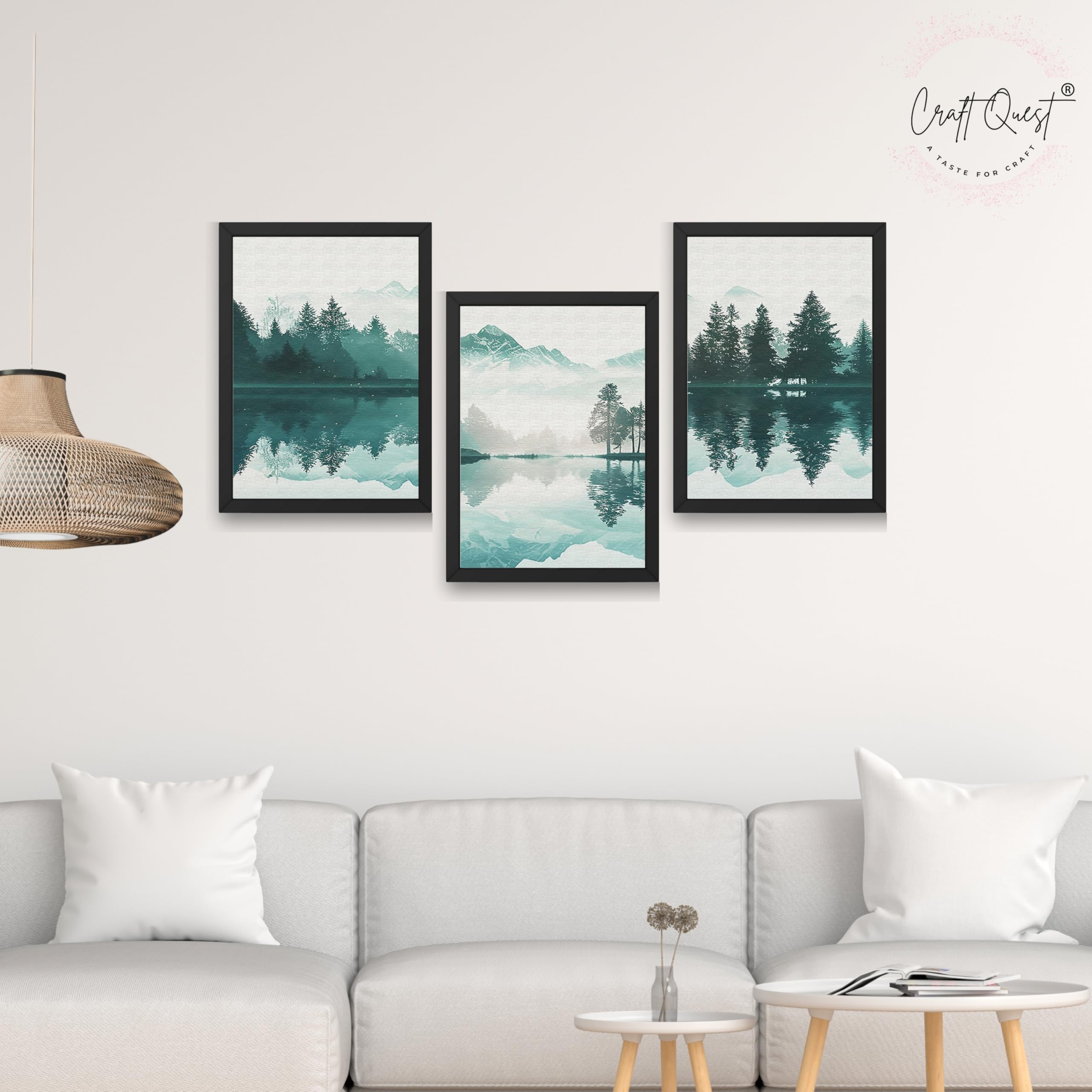 CRAFT QUEST Nature Inspired Series Paintings With Trees & Mountains Wall Art | Set of 3 Frames for Home Decoration | Ideal for Living Room, Bedroom & Offices