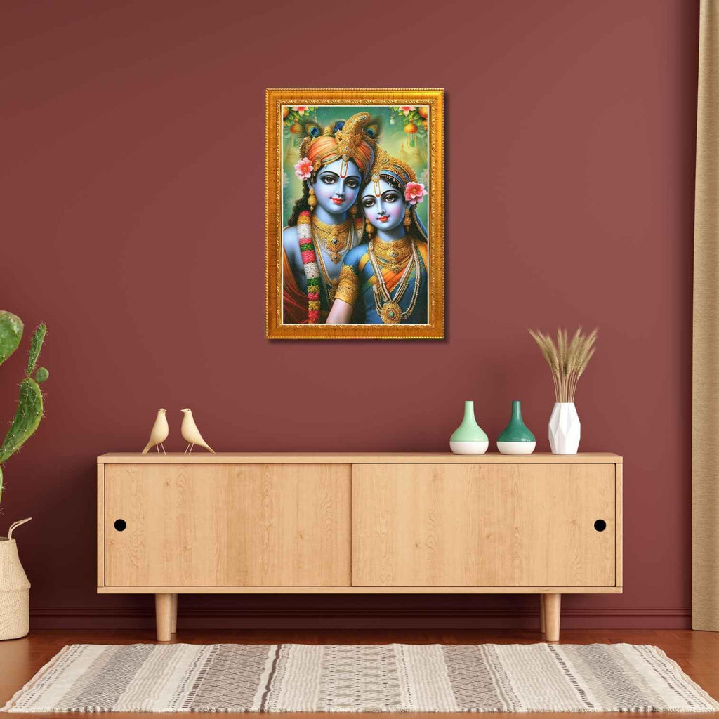 CRAFT QUEST Radha Krishna Art Photo Framed Painting for Home and Bedroom Wall Decoration of Size 14X10 Inches with Frame And Acrylic Glass RK214