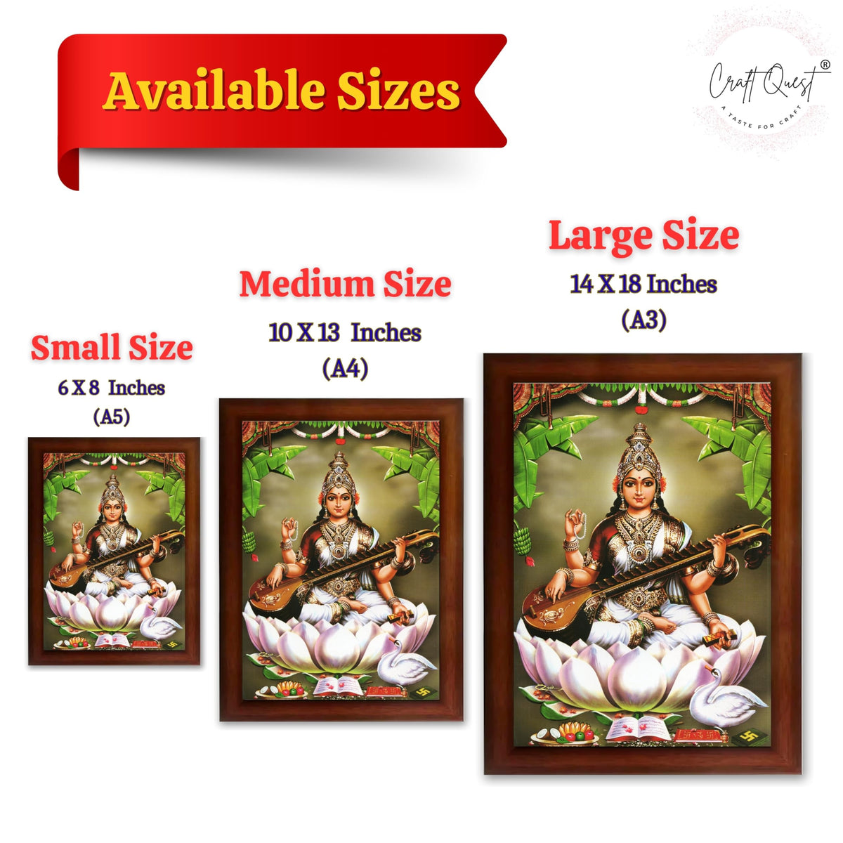 CRAFT QUEST Saraswati Devi Goddess Saraswathi Maa Photo Frame | Religious Photo Frame | Ideal for Home, Office, Temple & Puja Room, Wall Decor