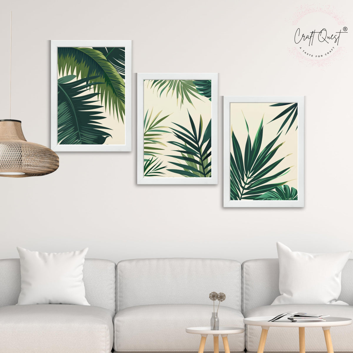 CRAFT QUEST Nature Inspired Tropical Palm Leaves Modern Wall Art | Set of 3 Frames for Home Decoration | Ideal for Living Room, Bedroom & Offices