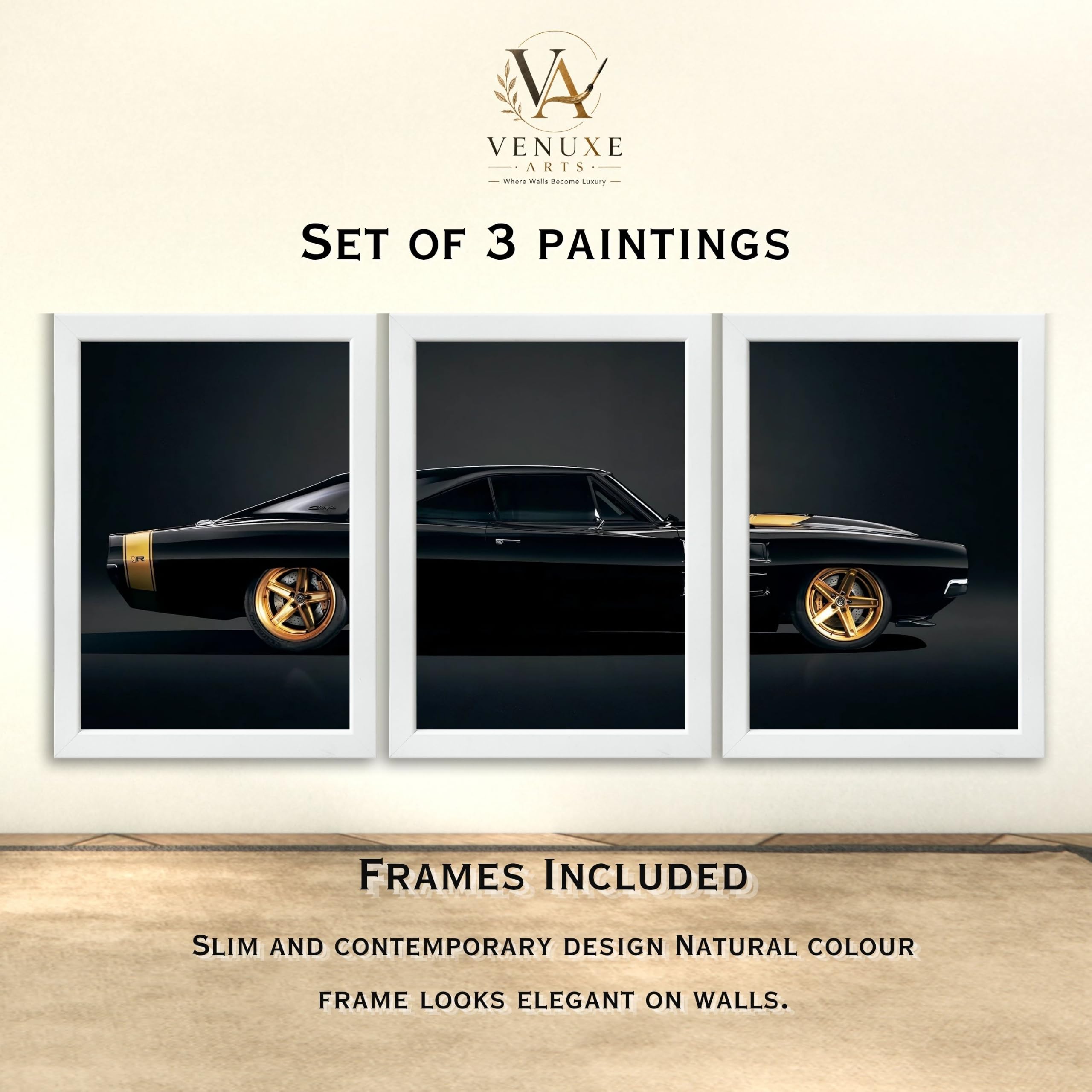 VENUXE ARTS Set Of 3 Big Sports Cars Framed Posters Gift Items for Boys Room Wall Decoration Bedroom Living Room Office Studio Décor | Car Poster Frame for Wall Décor