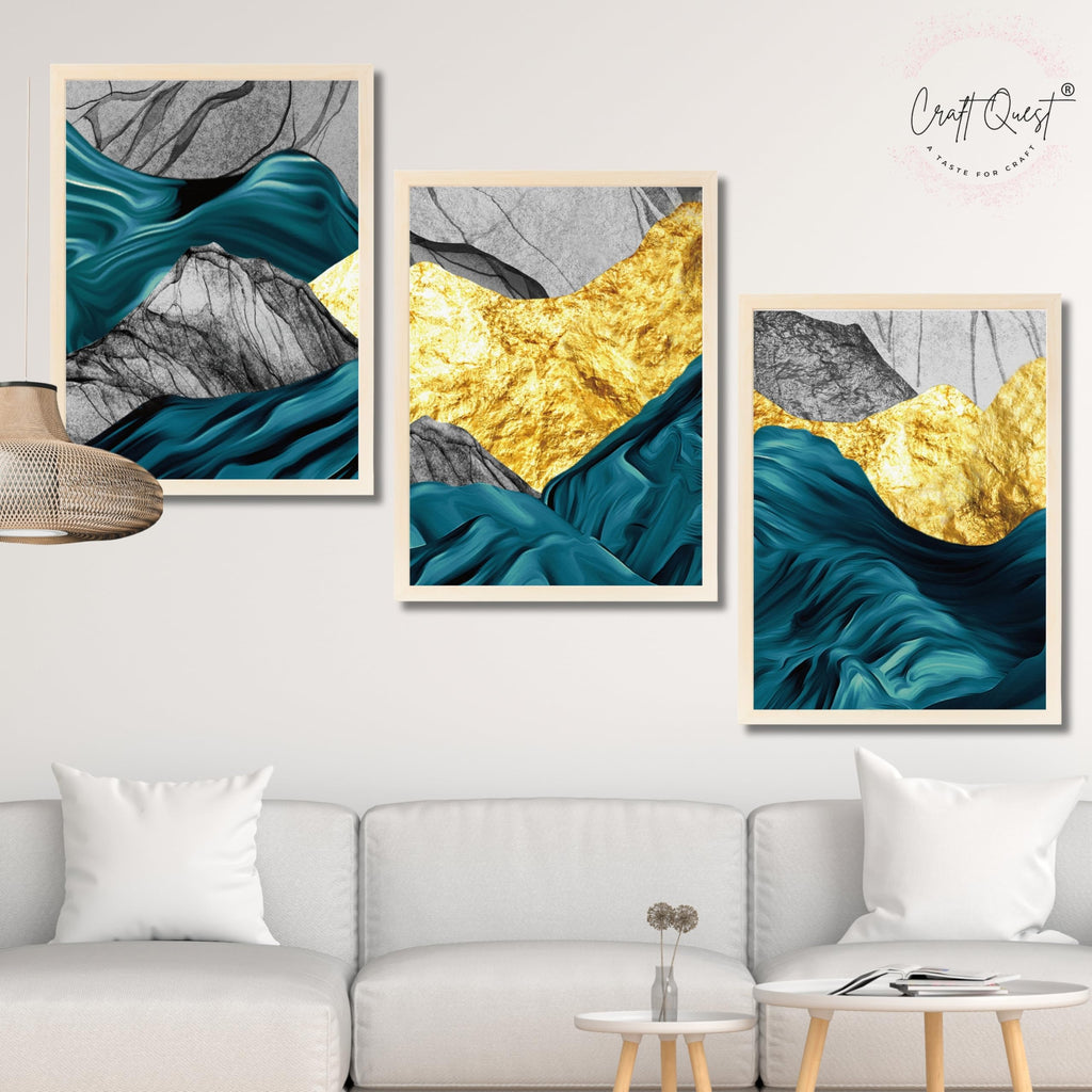 CRAFT QUEST Modern Art Abstract Golden Fashion Wall Art | Set of 3 Frames for Home Decoration | Ideal for Living Room, Bedroom & Offices