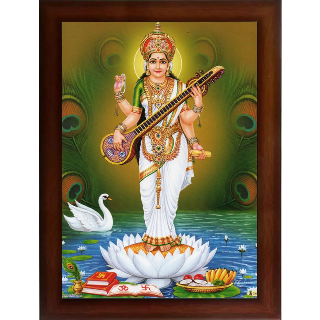 Craft Quest Saraswati Devi Goddess Saraswathi Maa Wall Painting Sparkle Coated Framed Home Decor (Wood, Matte, Brown, Large Size, 14 X 10 Inches)