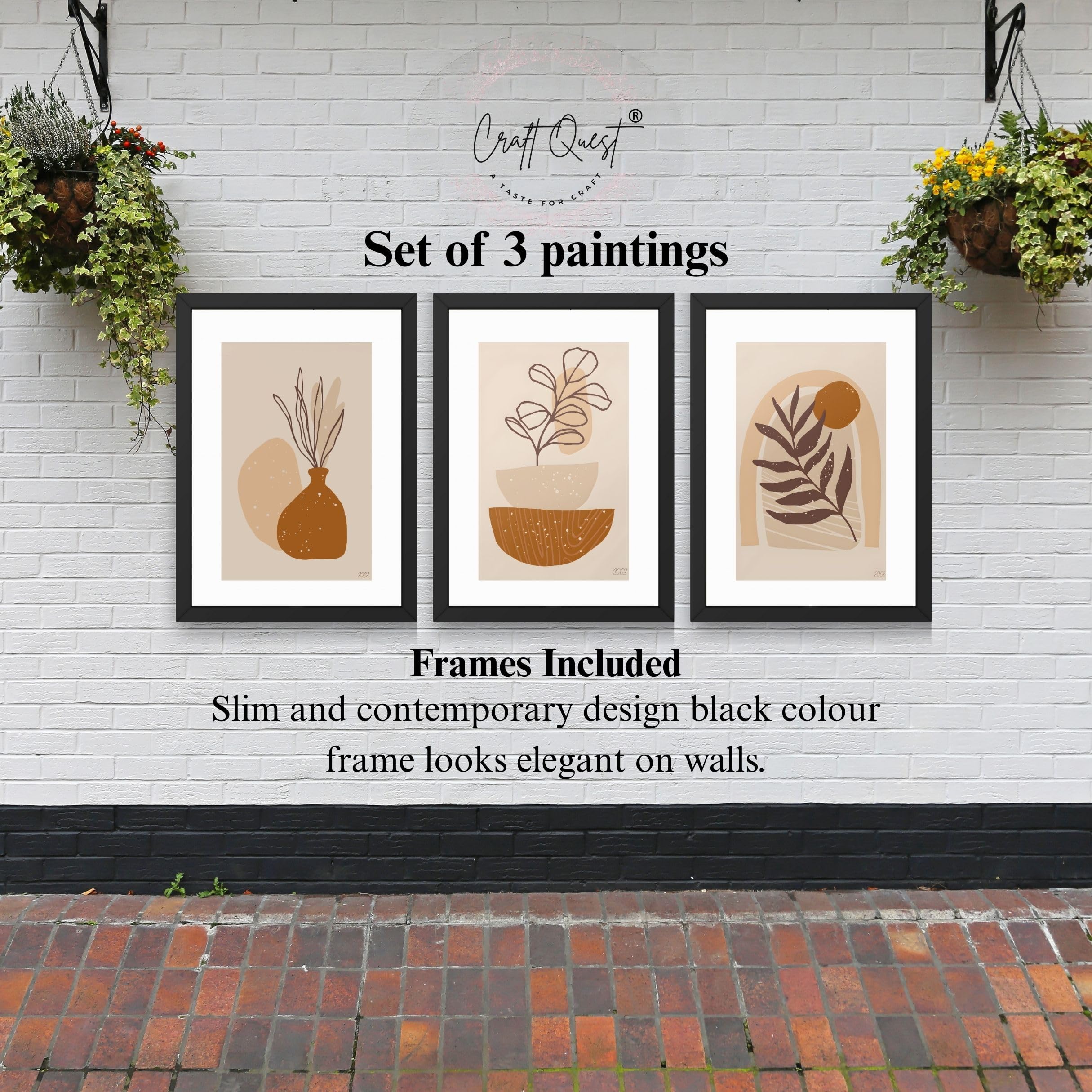 CRAFT QUEST Wall Art Decor Paintings | Set of 3 FLORAL Wall Art Frames for Home Decoration | Ideal for Living Room, Bedroom & Offices
