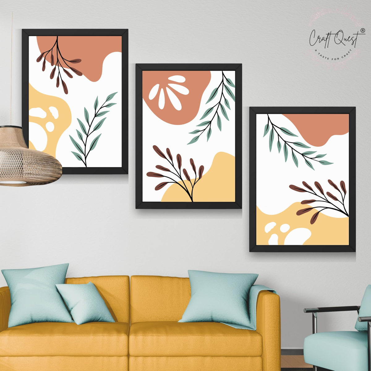 CRAFT QUEST Wall Art Decor Paintings | Set of 3 BOHO Wall Art Frames for Home Decoratio | Ideal for Living Room, Bedrooms & Offices