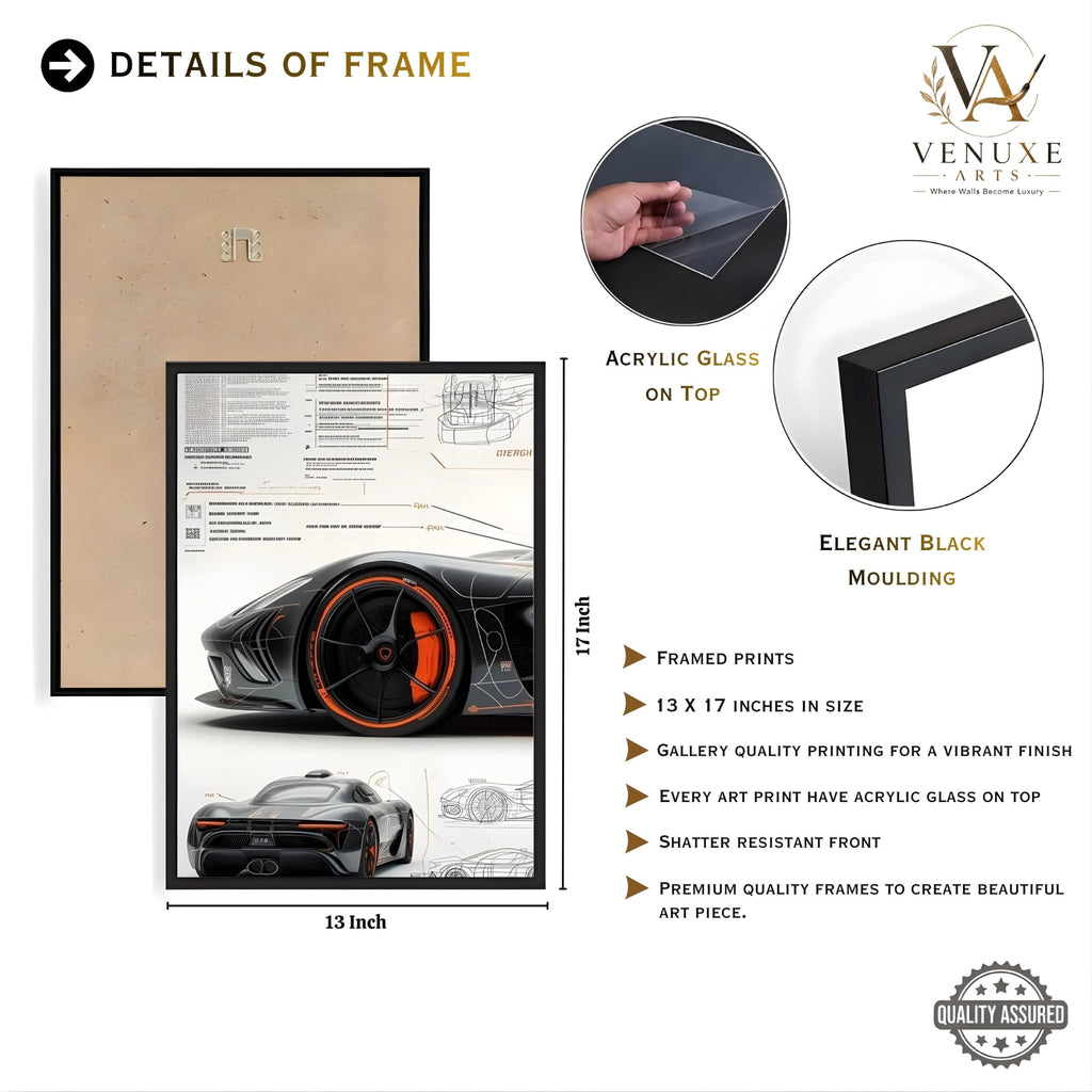 VENUXE ARTS Set Of 3 Big Sports Cars Framed Posters Gift Items for Boys Room Wall Decoration Bedroom Living Room Office Studio Décor | Car Poster Frame for Wall Décor