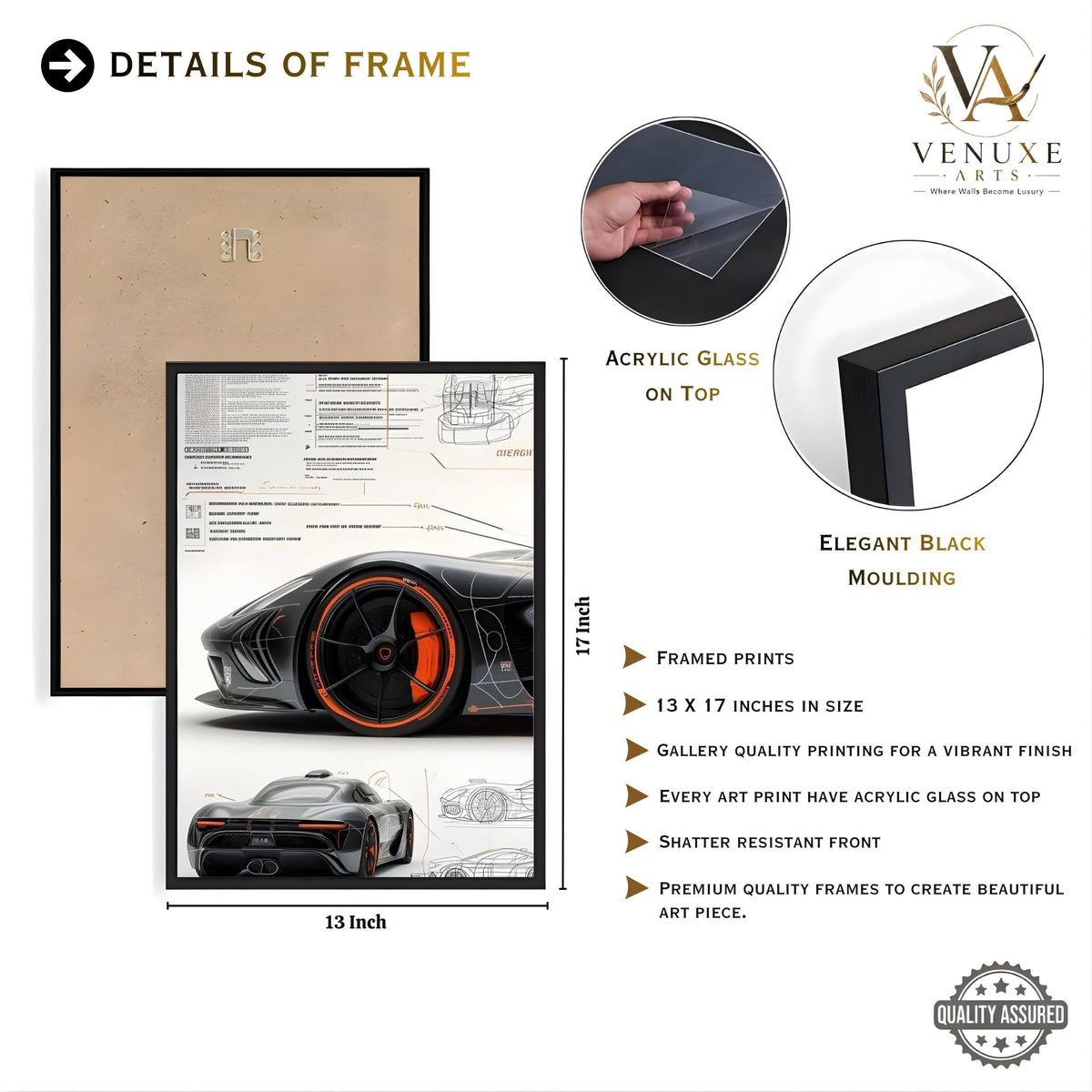 VENUXE ARTS Set Of 3 Big Sports Cars Framed Posters Gift Items for Boys Room Wall Decoration Bedroom Living Room Office Studio Décor | Car Poster Frame for Wall Décor