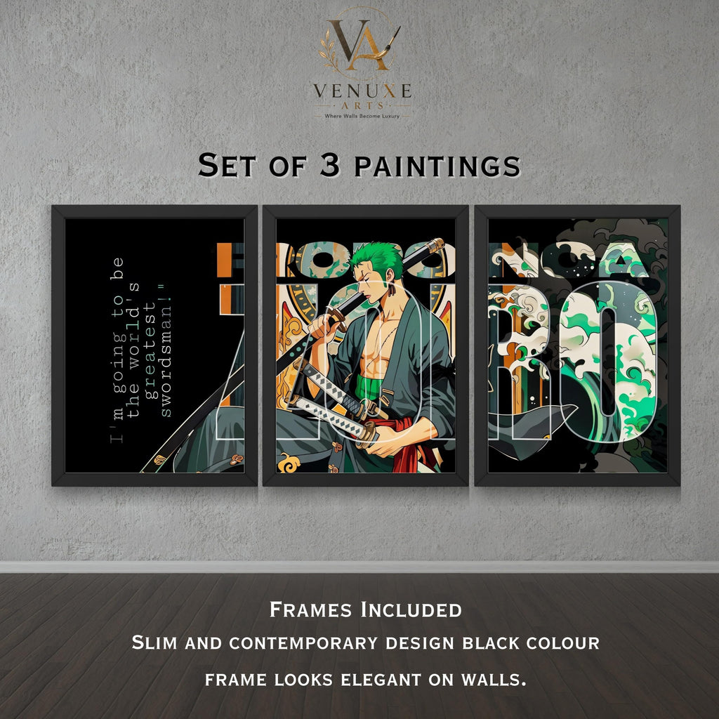 VENUXE ARTS Set Of 3 Anime Characters Wall Framed |Anime Characters Framed Poster for Living Room Bedroom Gaming Room Studio Wall Decor