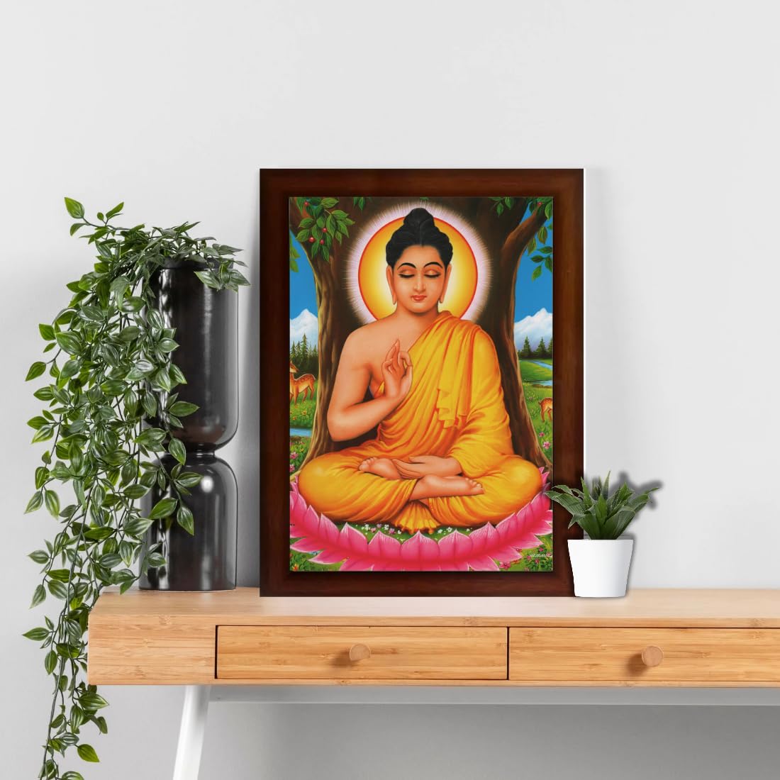 CRAFT QUEST Lord Buddha in Meditation Painting With Photo Frame for Living Room Wood Photo Frames (Photoframe, Multicolour, 14 X 10 inch)