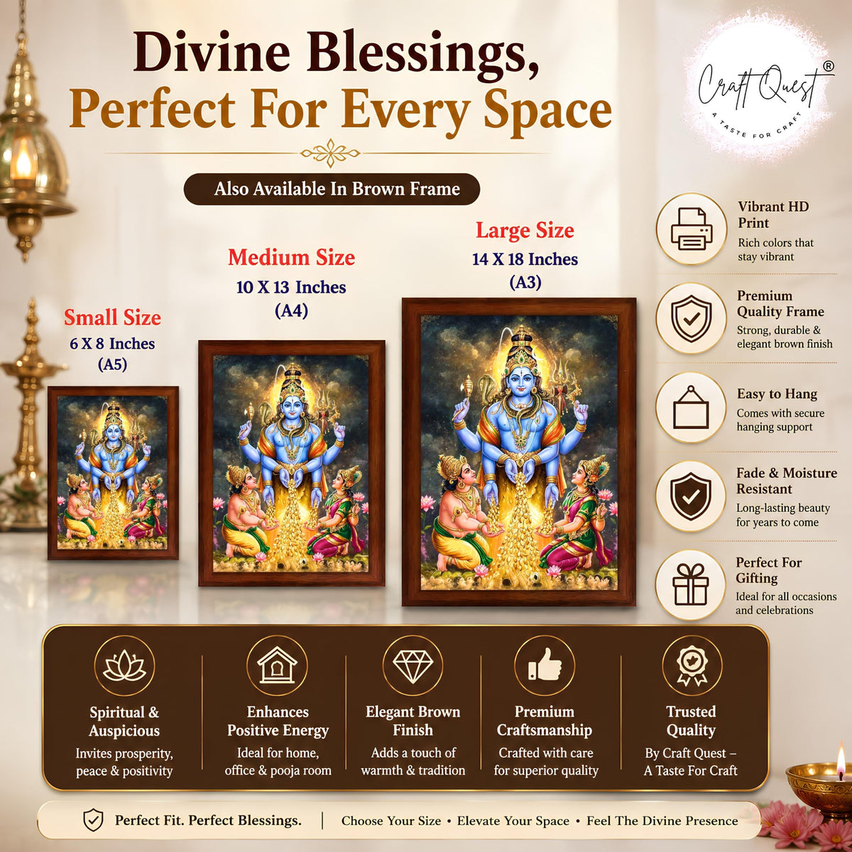 CRAFT QUEST Lord Swarnakarshana Bhairava Swamy With Lakshmi Devi and Kuber Bhagwan Religious Wall Photo Frame |Dhan Bhairav Frame for Home, Office, Temple & Gifting