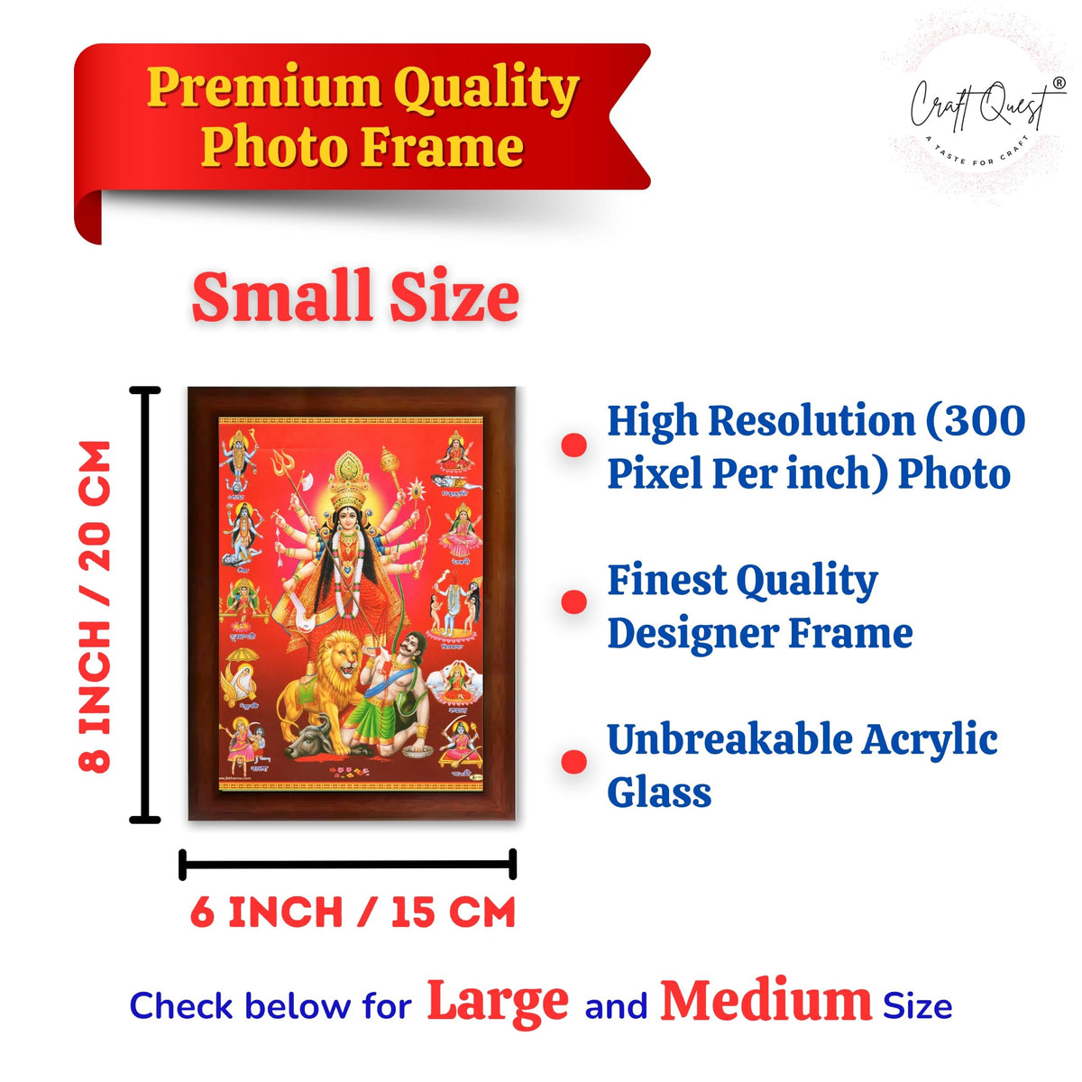 CRAFT QUEST Durga mata Mahishasura Mardini | Mahisasur Mardhini Durga Framed, Religious Photo Frame With Acrylic Glass