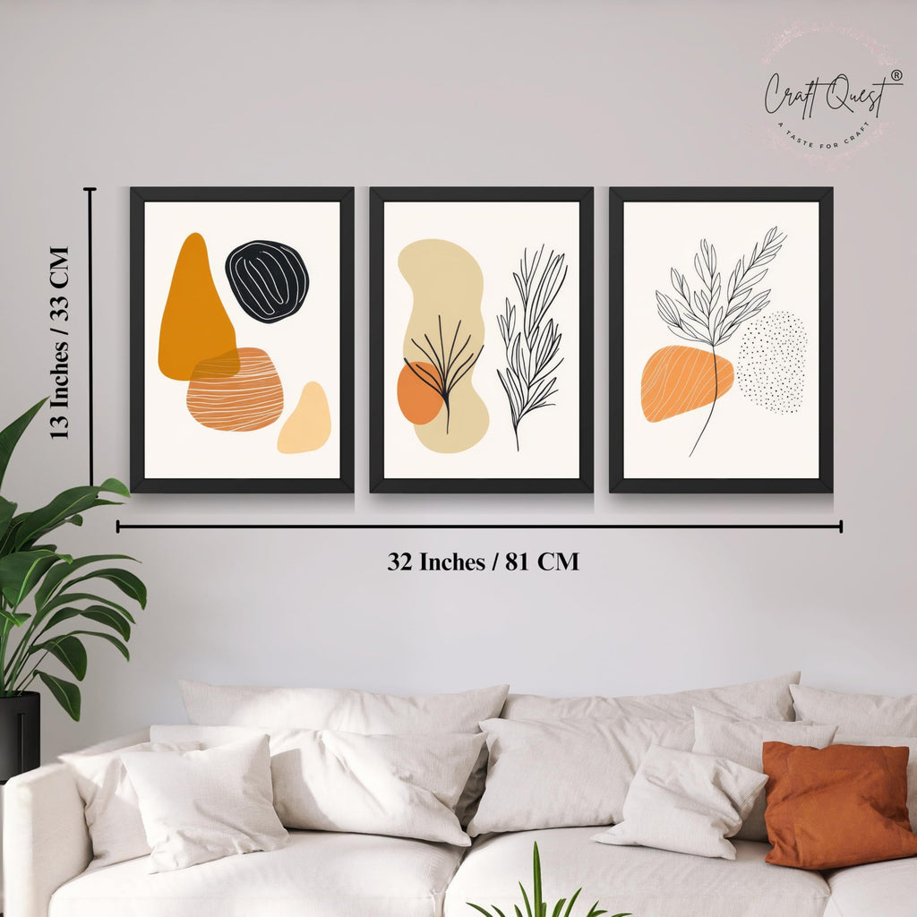 CRAFT QUEST Organic Abstract Line Art Modern Art | Set of 3 Frames for Home Decoration | Ideal for Living Room, Bedroom & Offices