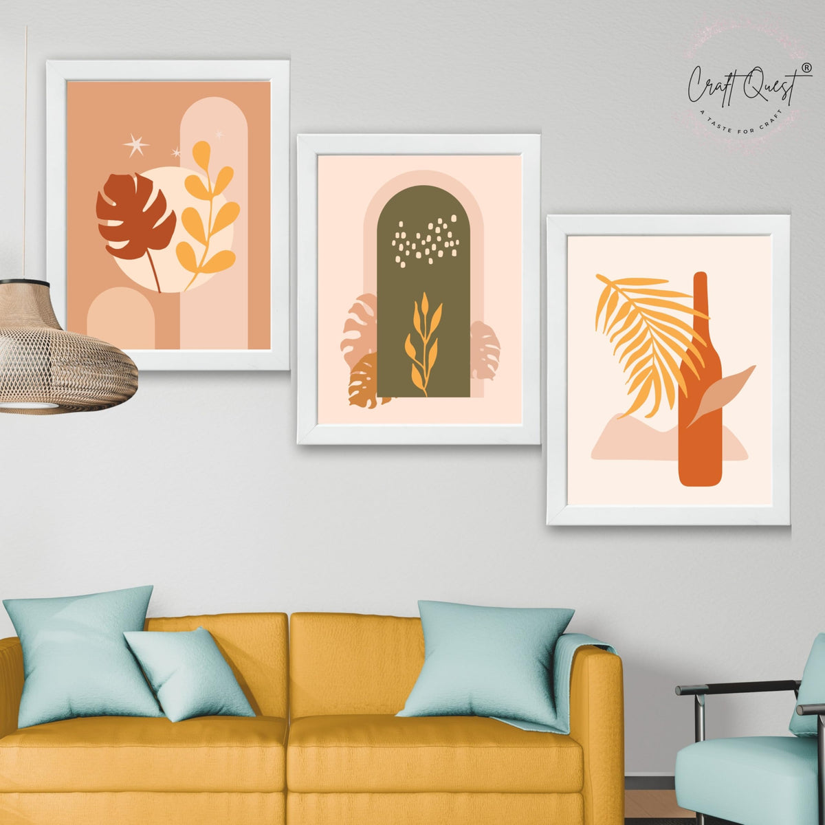 CRAFT QUEST Wall Art Decor Paintings | Set of 3 BOHO Wall Art Frames for Home Decoration | Ideal for Living Room, Offices & Bedrooms