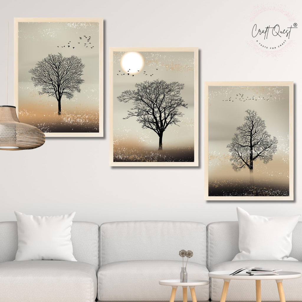 CRAFT QUEST Nature Inspired Landscape With Black Trees Modern Wall Art | Set of 3 Frames for Home Decoration | Ideal for Living Room, Bedroom & Office