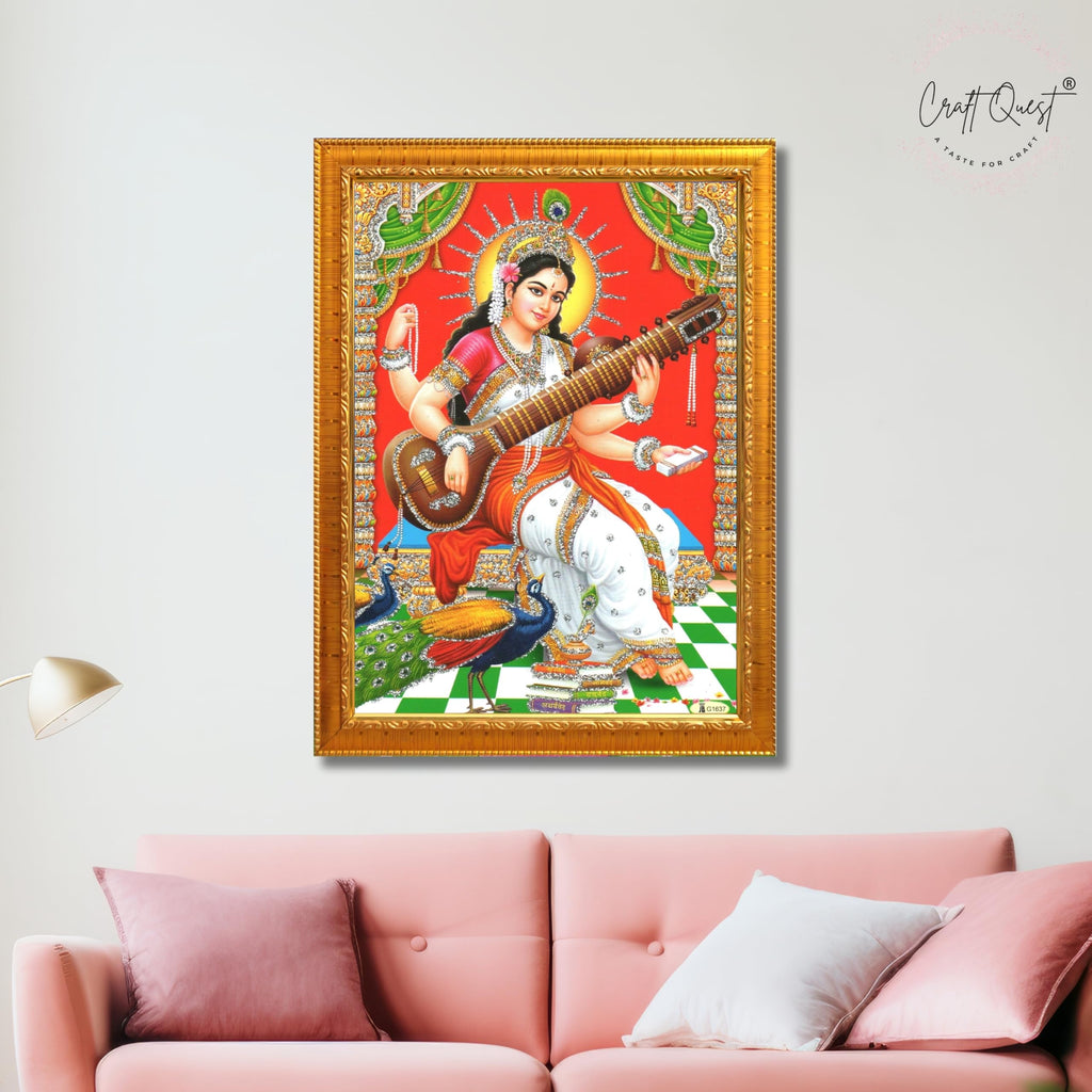 CRAFT QUEST Saraswati Devi Goddess Saraswati Maa Wall Painting Framed Home Decor wooden frame