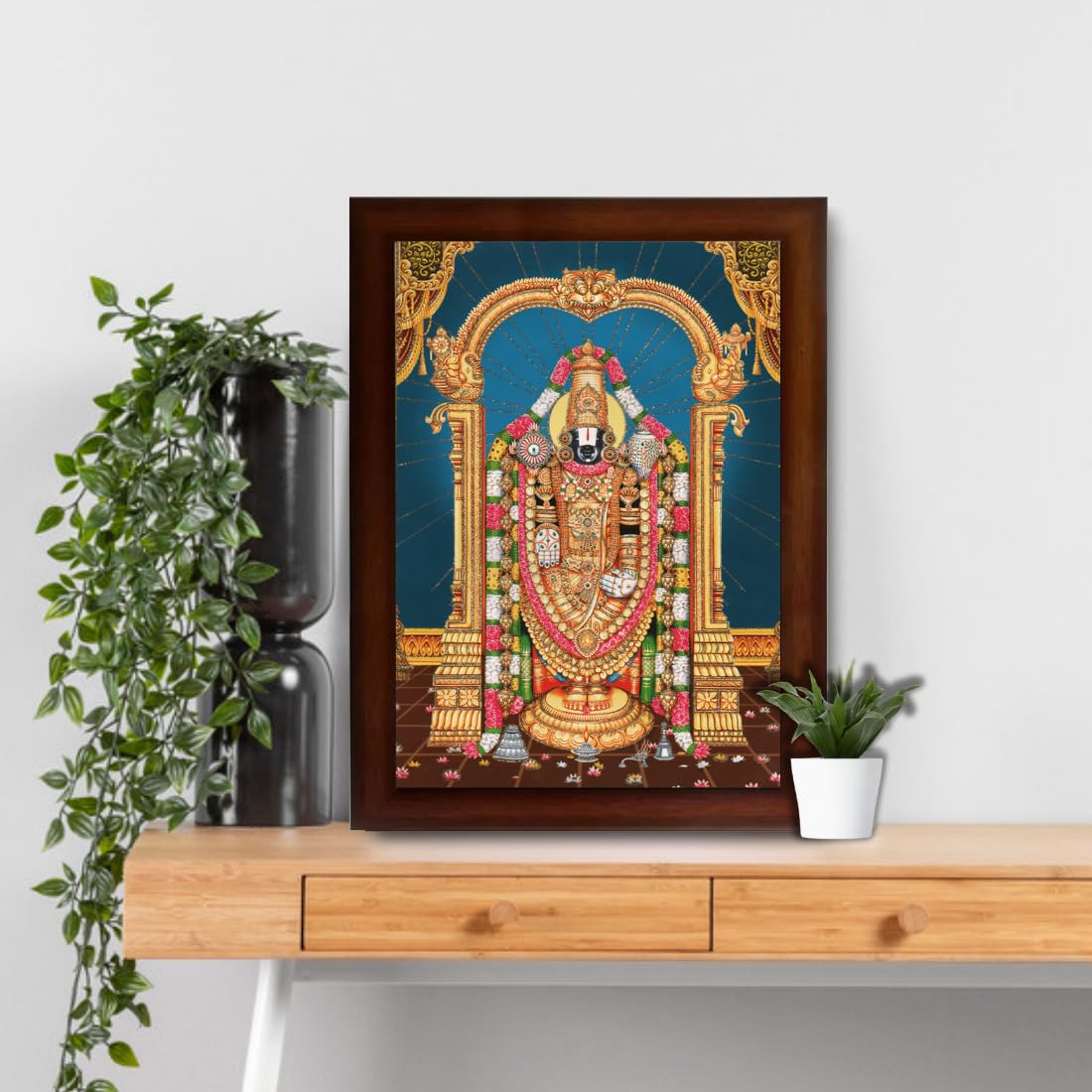 CRAFT QUEST Tirupati Balaji Lord Venkateshwara Swamy Wall Painting Framed Home Decor (Wood, Matte, Brown, Big Size,10 X 14 Inches)