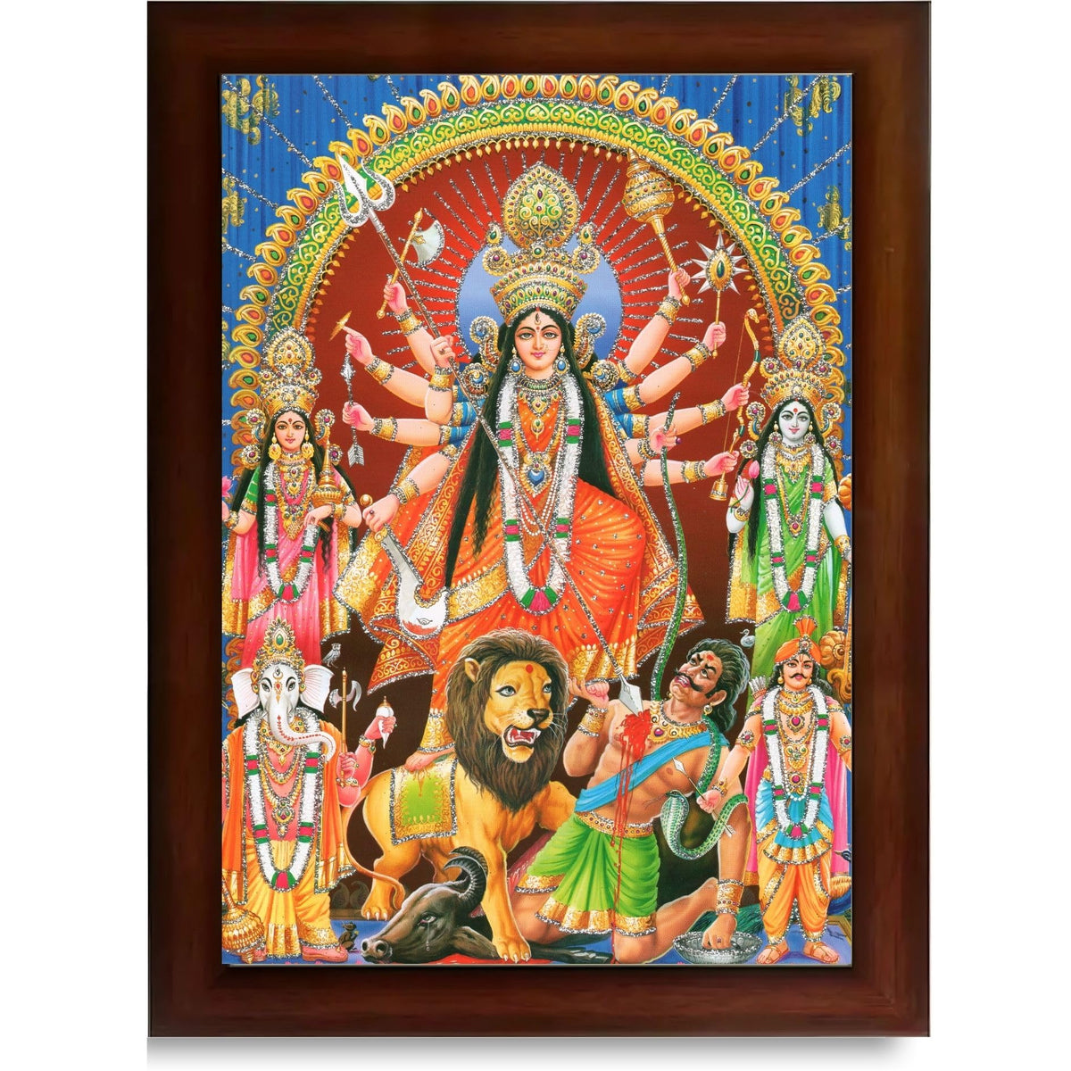 CRAFT QUEST Durga mata Mahishasura Mardini | Mahisasur Mardhini Durga Wall Painting Framed, Goddess Religious Painting