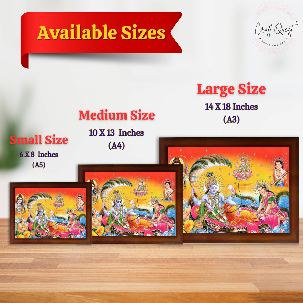 CRAFT QUEST Goddess Lakshmi pressing legs of lord Vishnu on Shesh naag, Glitter Work Painting wooden frame