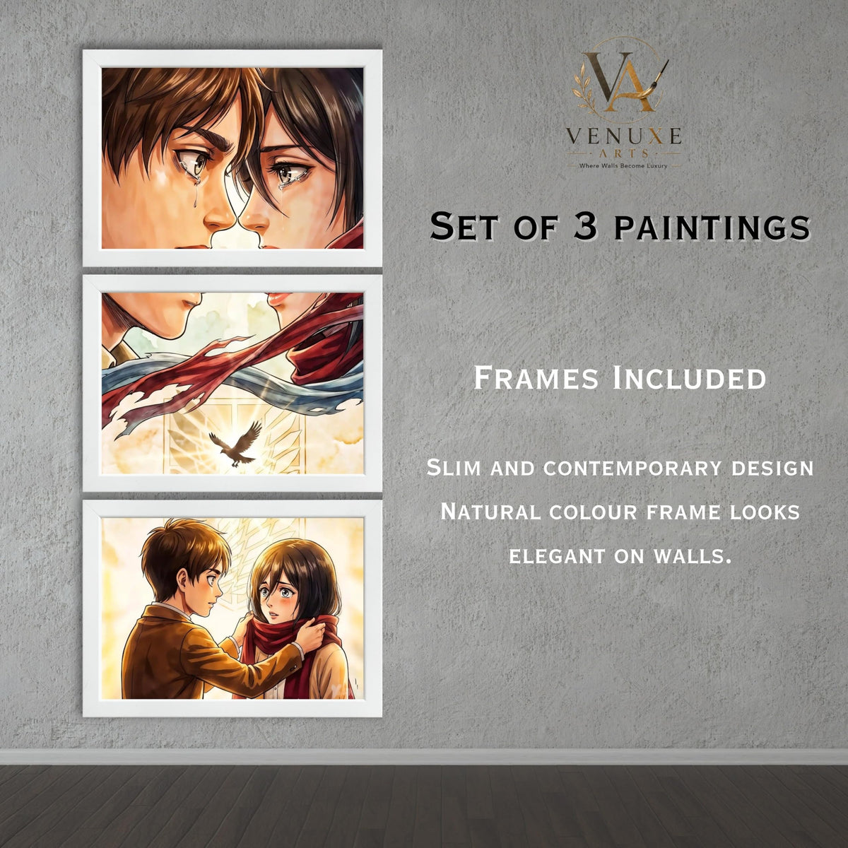 VENUXE ARTS Set Of 3 Anime Characters Wall Framed |Anime Characters Framed Poster for Living Room Bedroom Gaming Room Studio Wall Decor