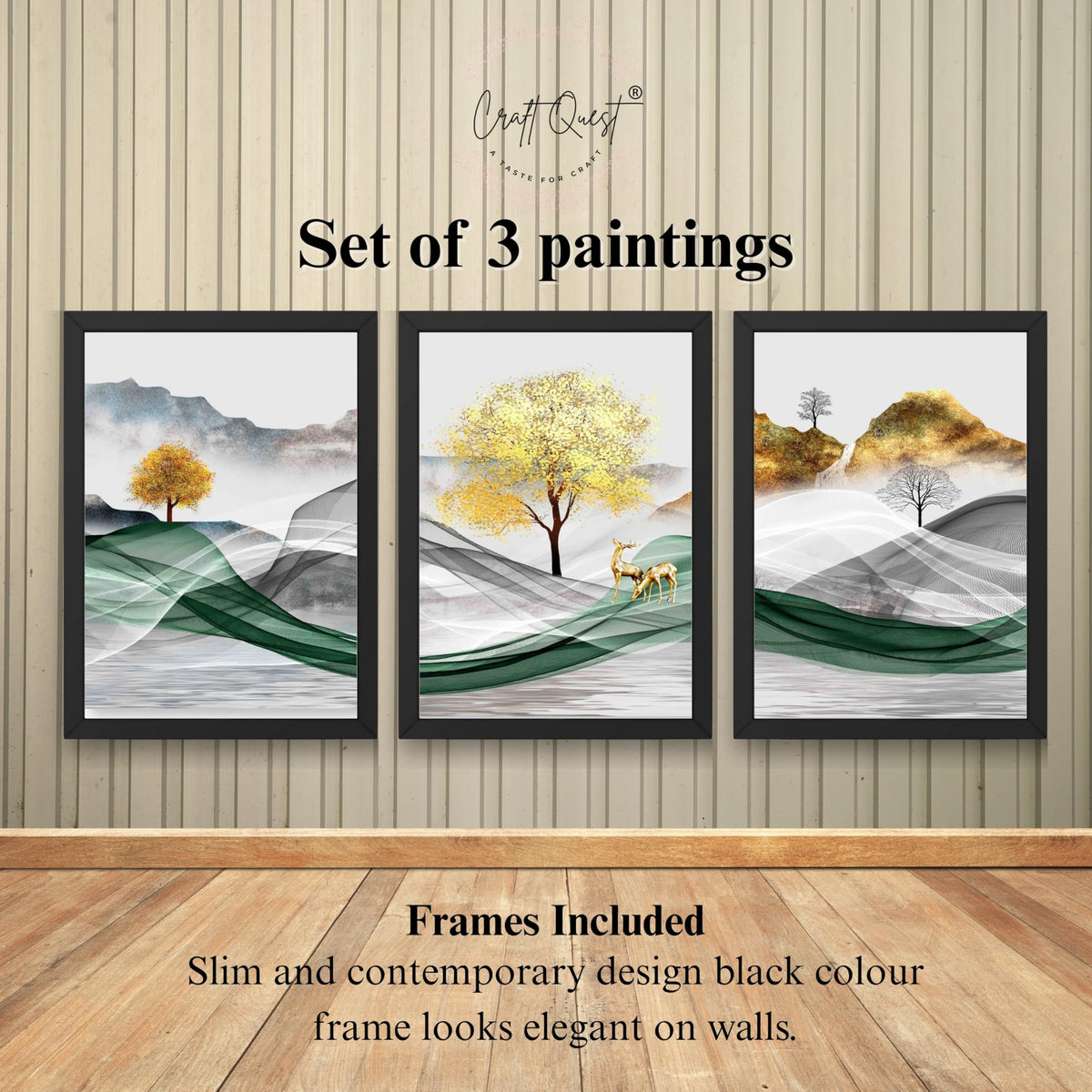 CRAFT QUEST Modern Art Landscapes Abstract Of Moose Golden Mural Wall Art | Set of 3 Frames for Home Decoration | Ideal for Living Room, Bedroom & Offices