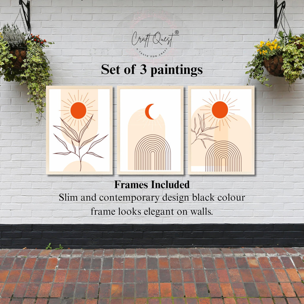 CRAFT QUEST Wall Art Decor Paintings | Set of 3 BOHO Wall Art Frames for Home Decoration | Ideal for Living Room, Bedroom & Office