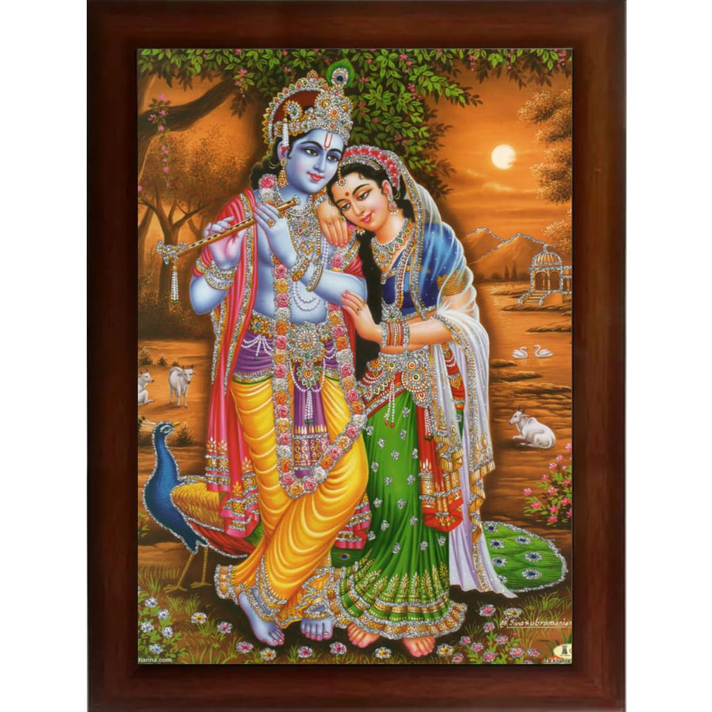 Craft Quest Radha Krishna Sparkle Coated Home Decorative Gift Item Framed Painting (10 X 14 Inches, Brown) RK1013-116