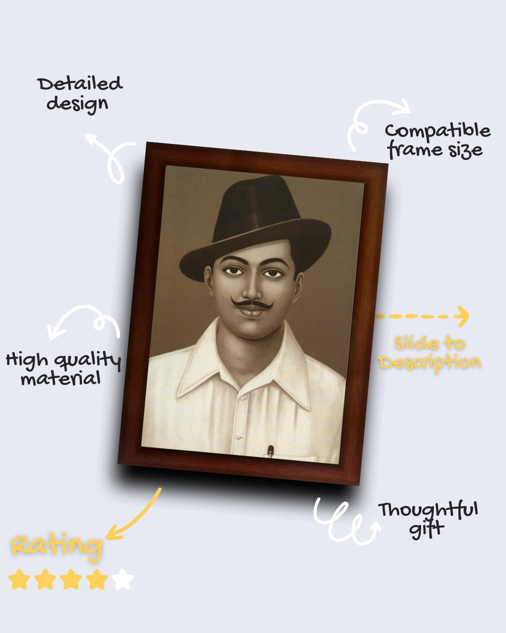 Craft Quest Bhagat Singh Poster Freedom Fighters Paintings For Office Room Wall, With Black Frame (14 X 10 Inches)