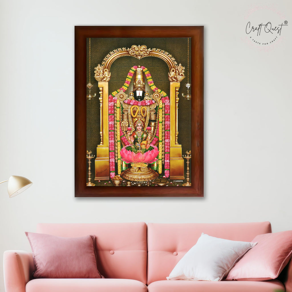 CRAFT QUEST Lord Tirupati Balaji Lakshmi Lord Venkateshwara Swamy Wall Painting Framed, Home, Temple, Pooja, Wall Décor Item
