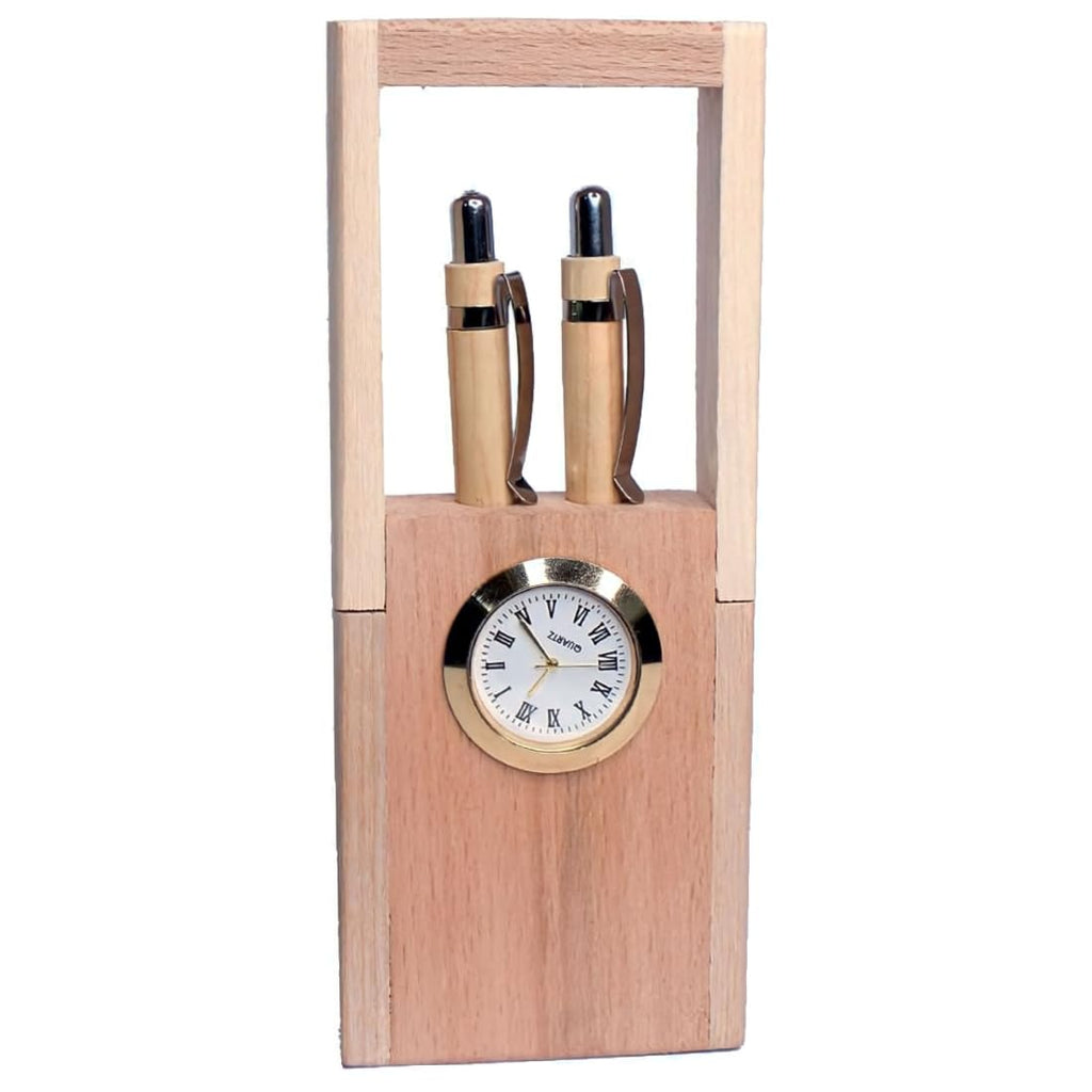 Craft Quest Penholder with Clock Wooden Dual Pen Holder with 2 Wooden-Pens and Table Clock for Office Table/Study Table