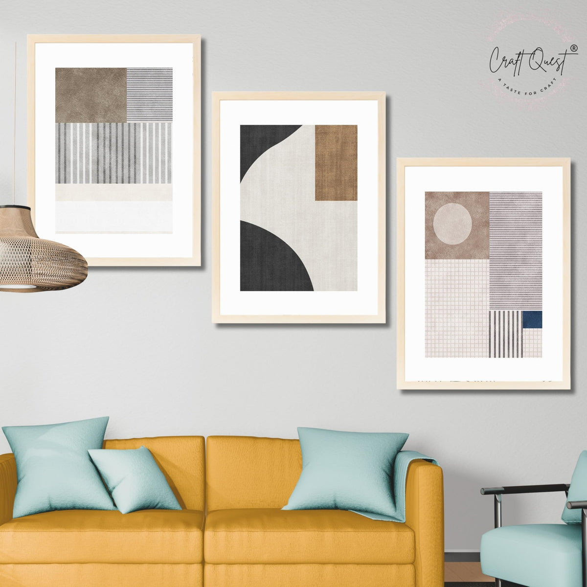 CRAFT QUEST Abstract Geometric Art Painting | Set of 3 Frames for Home Decoration | Ideal for Living Room, Bedroom & Offices