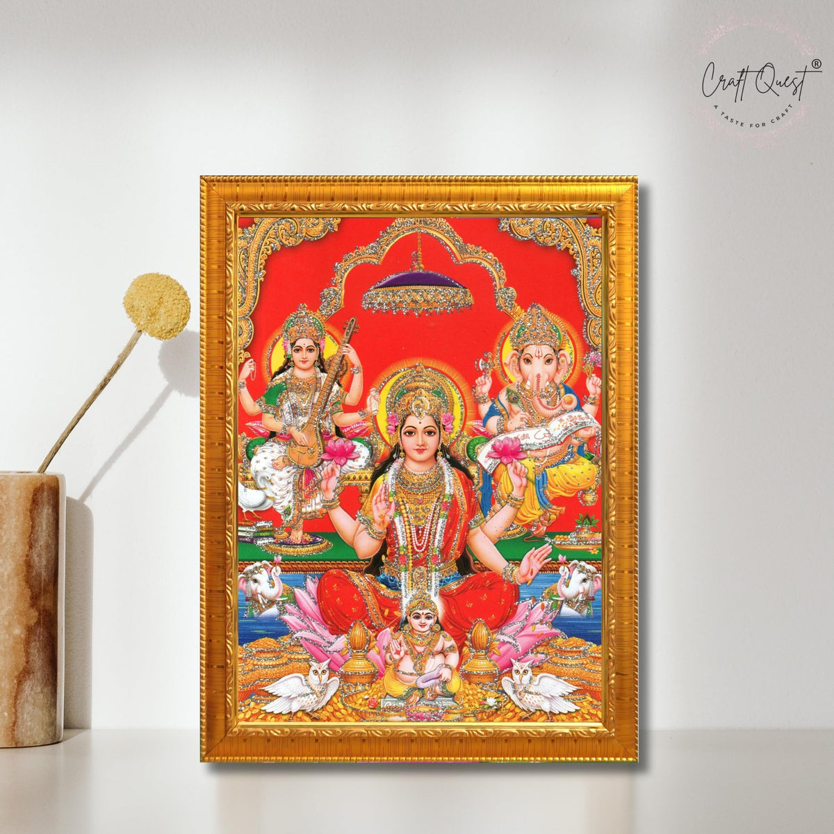 CRAFT QUEST Lord Laxmi Ganesh Saraswati Religious God Hindu Photo Frame for Diwali,Wall, Office, Temple, Pooja, Living Room Home and Decor Item
