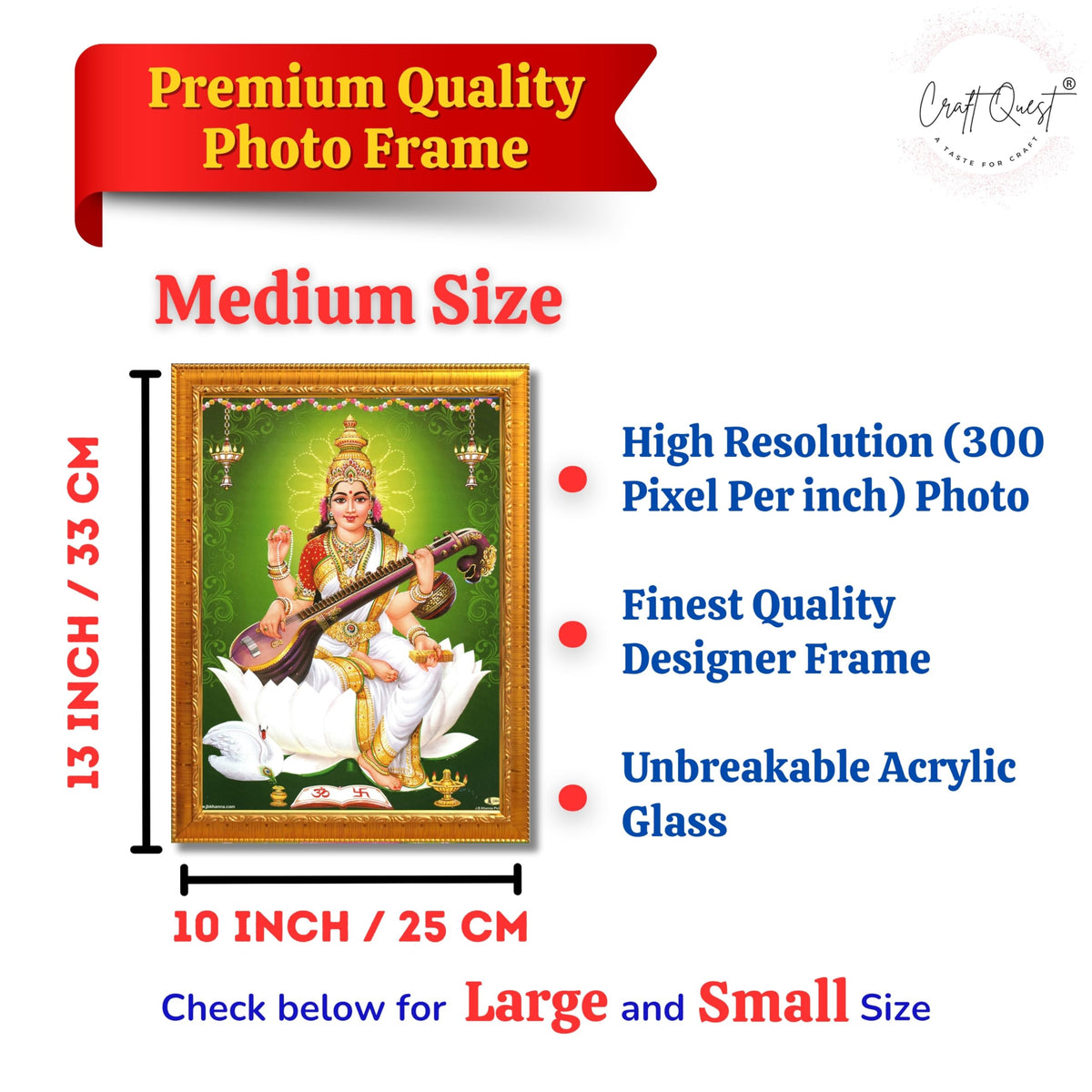 CRAFT QUEST Saraswati Devi Goddess Saraswathi Maa Wall Painting Sparkle Coated Framed Home Décor
