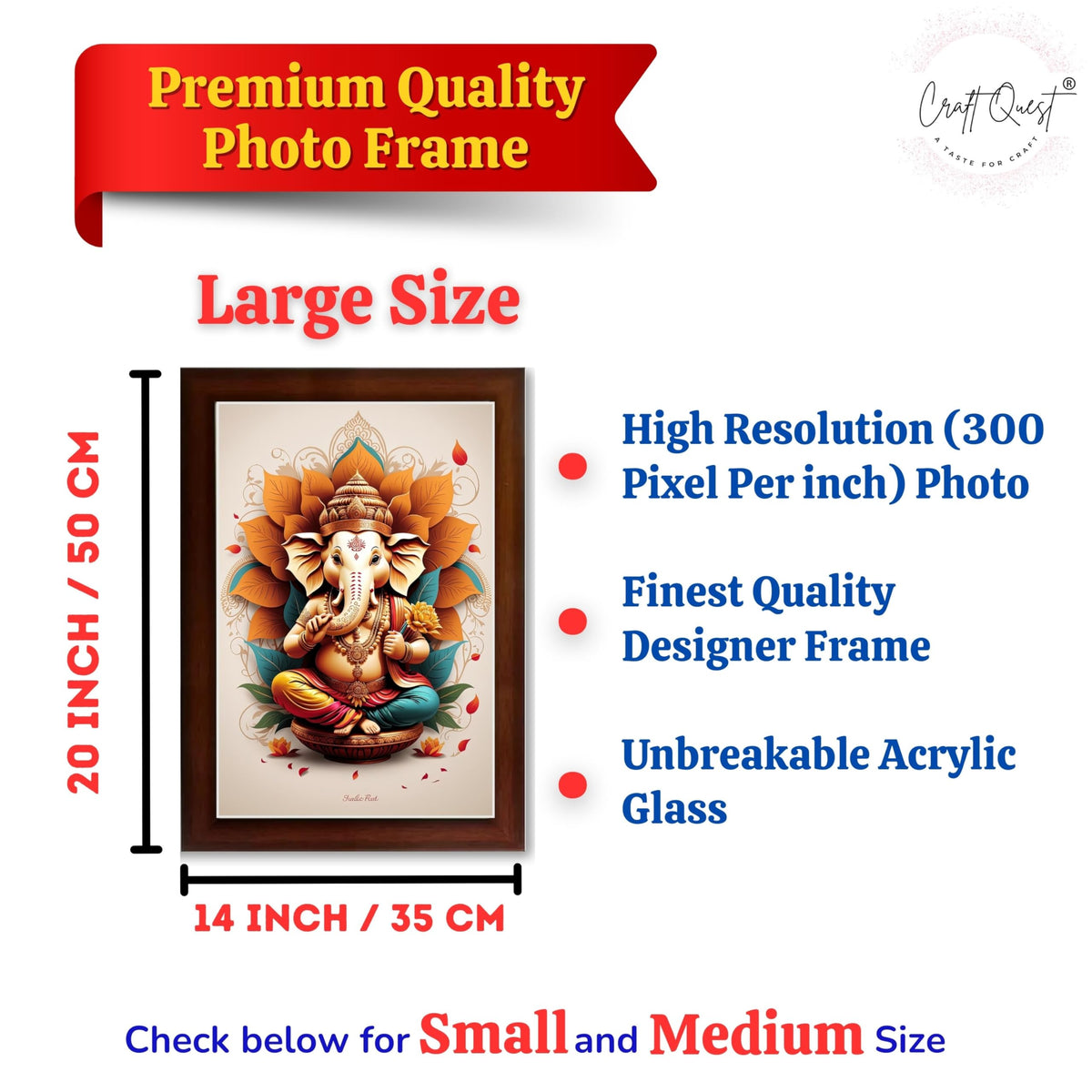 CRAFT QUEST Lord Ganpati Ganesha ji Wall Hanging Frame for Living Room, Bedroom, Office & Pooja Room Décor GA-213