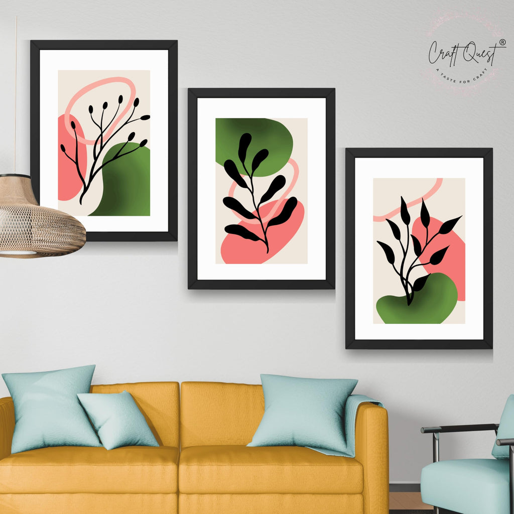 CRAFT QUEST Nature Inspired Abstract Shape & Leaf Wall Art | Set of 3 Frames for Home Decoration | Ideal for Living Room, Bedroom & Offices
