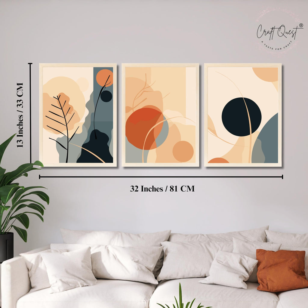 CRAFT QUEST Wall Art Decor Paintings | Set of 3 BOHO Wall Art Frames for Home Decoration | Ideal for Living Room, Officess & Bedrooms